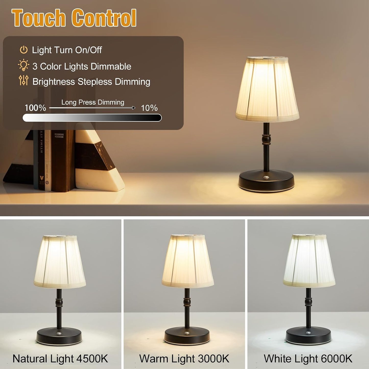 LED Cordless Mini Lamp 5W,3000 mah Battery Operated Lamps,3 Color Temperature Dimmable Table Light,Small Rechargeable