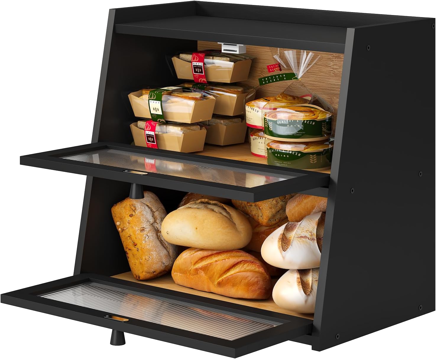 viewcare Black Bread Box, Double Layer Large Bread Box for Kitchen Counter, Bamboo Bread Storage Container with Wavy