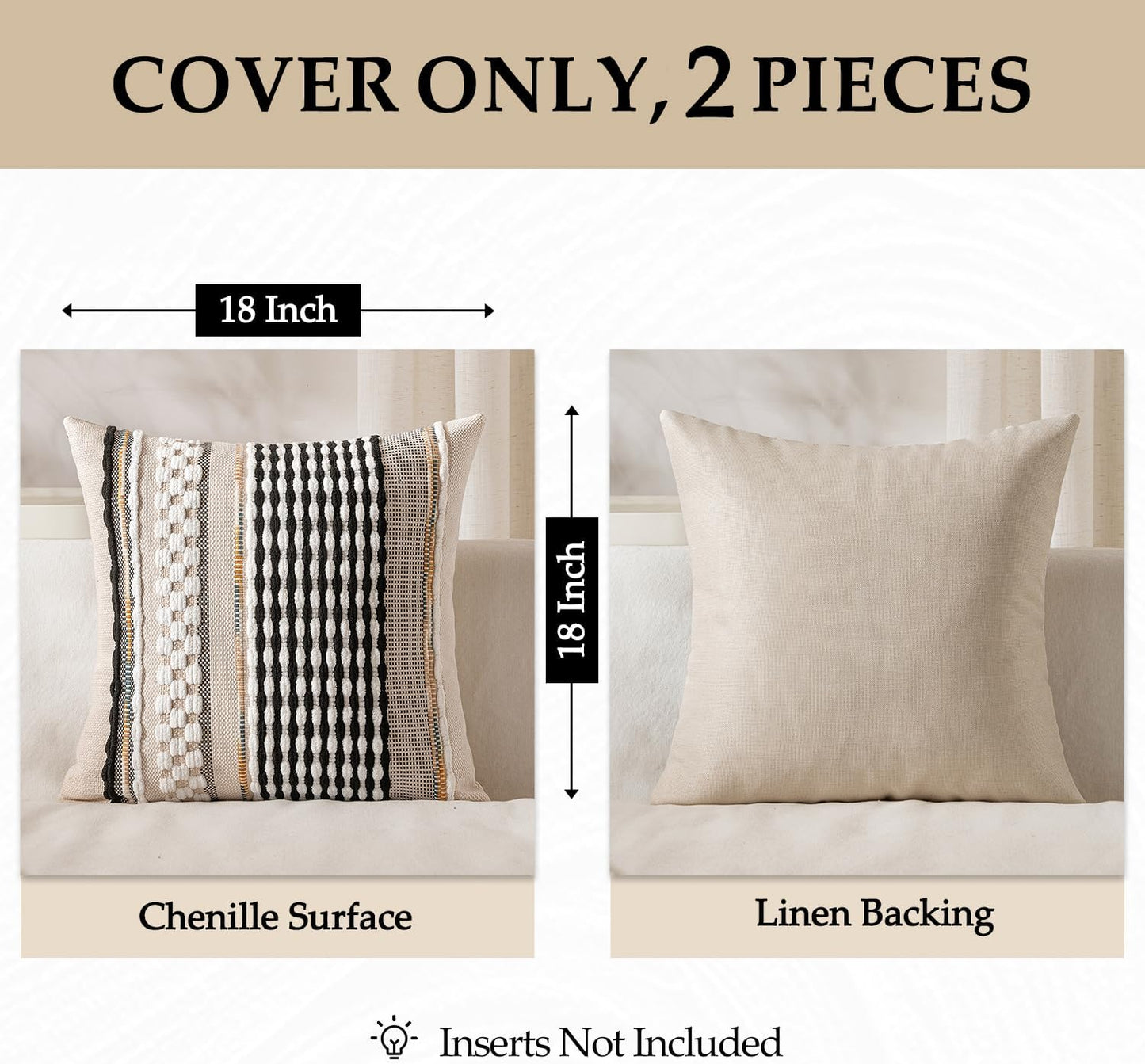 Boho Decorative Throw Pillow Covers Farmhouse Cushion Case / Black-white Stripe / 18 x 18 / Set of 2