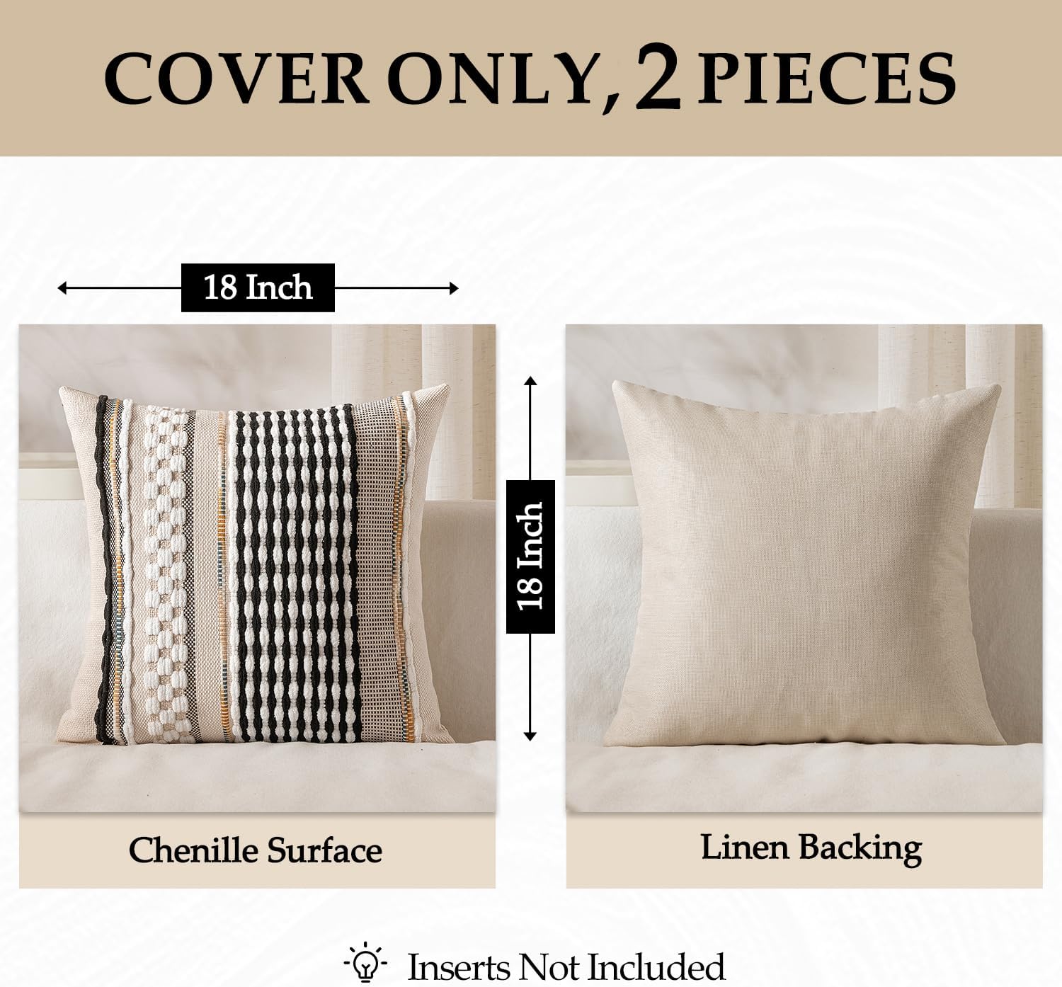 Boho Decorative Throw Pillow Covers Farmhouse Cushion Case / Black-white Stripe / 18 x 18 / Set of 2