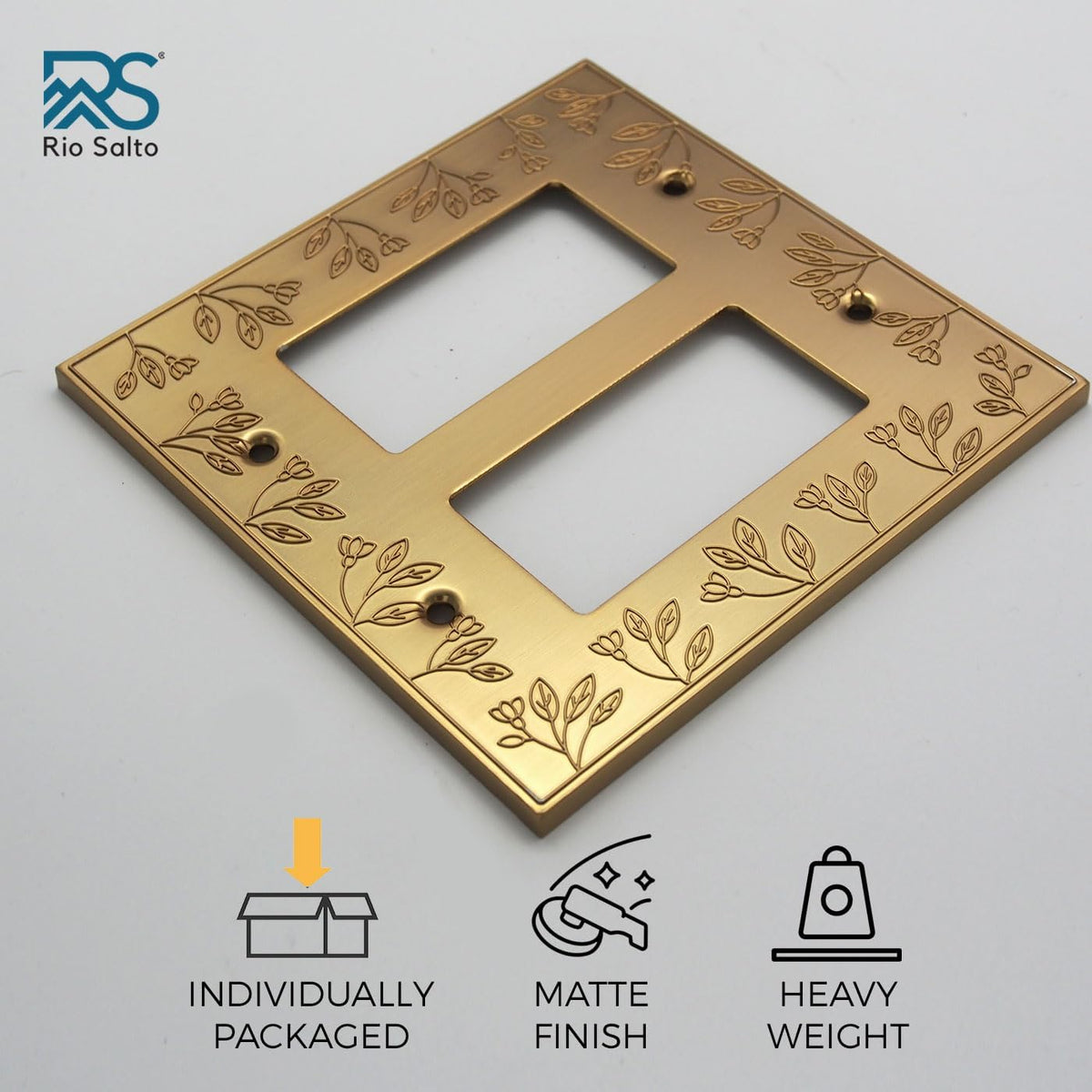 Rio Salto Brushed Gold Decorative 2 Light Switch Cover Double Rocker Switch Plate 2 Gang Rocker Wall Plate Decorator