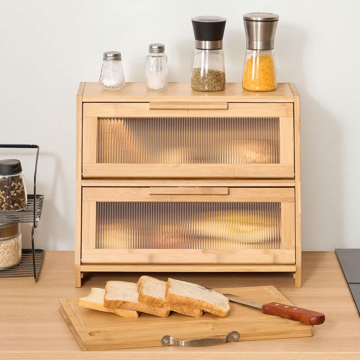 VEVOR Double Layer Bread Box for Kitchen Counter, Large Capacity Bamboo Bread Storage Container, Farmhouse Wooden
