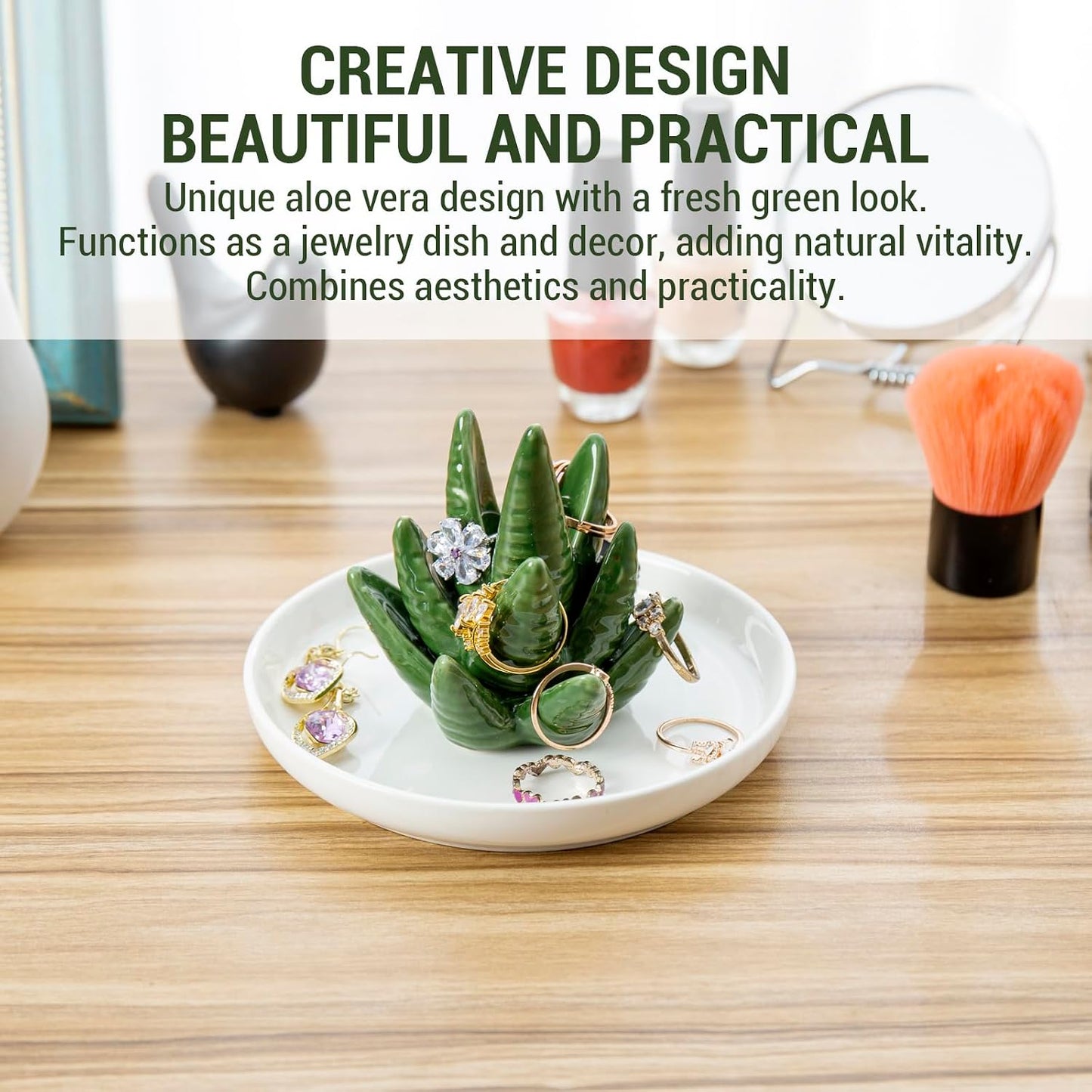 Decorative Ceramic Ring Tray for Jewelry / Ceramic Aloe / White