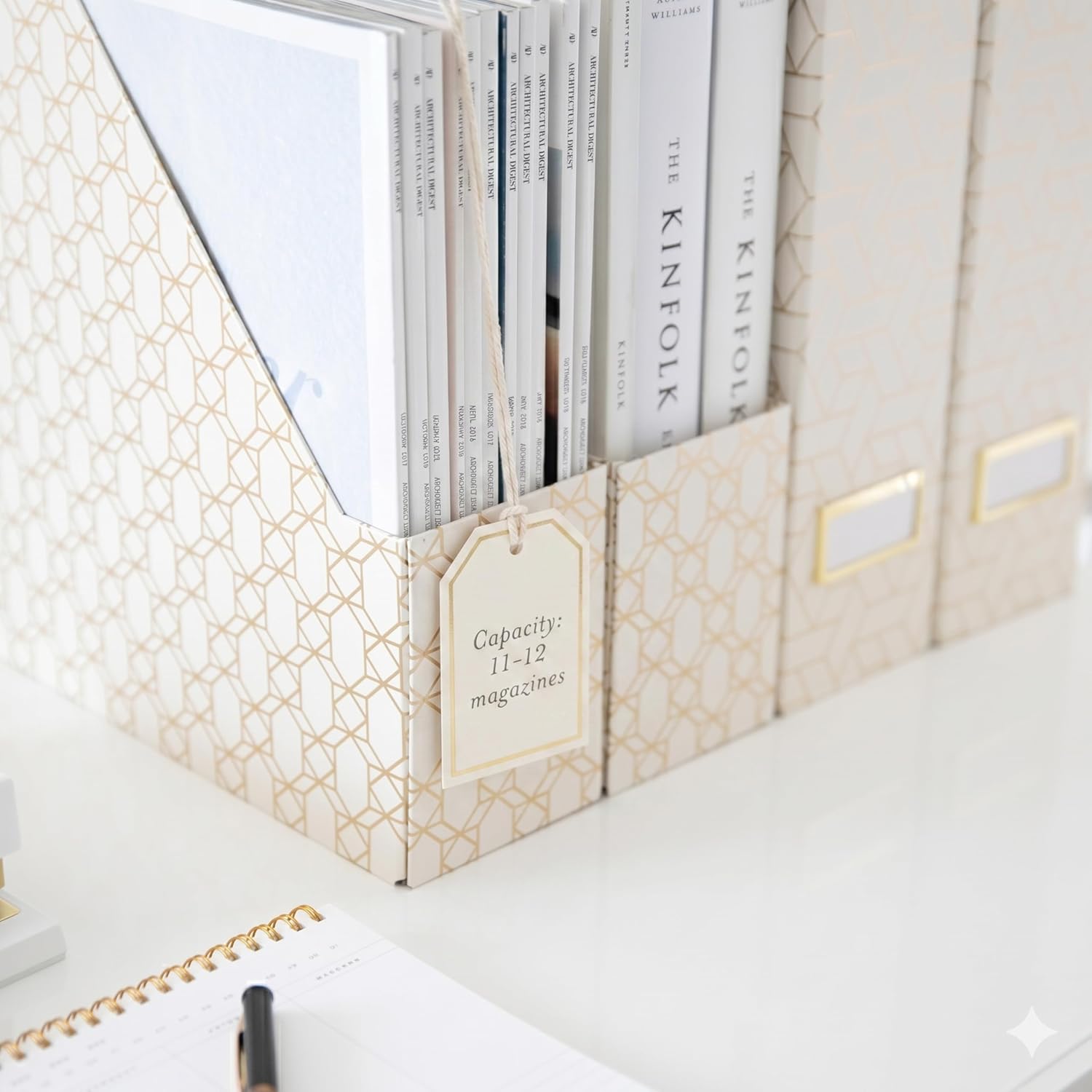 BLU MONACO | Cardboard Magazine File Holder Set of 4 | Vertical Magazine File Holder for Desk and Shelves | Cream Gold