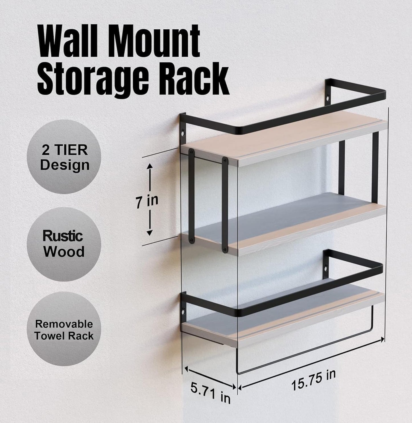 RICHER HOUSE Floating Shelves Bathroom, Wall Mounted Shelf Over Toilet | 2+1 Tier, with Metal Rail, Towel Rack, Paper