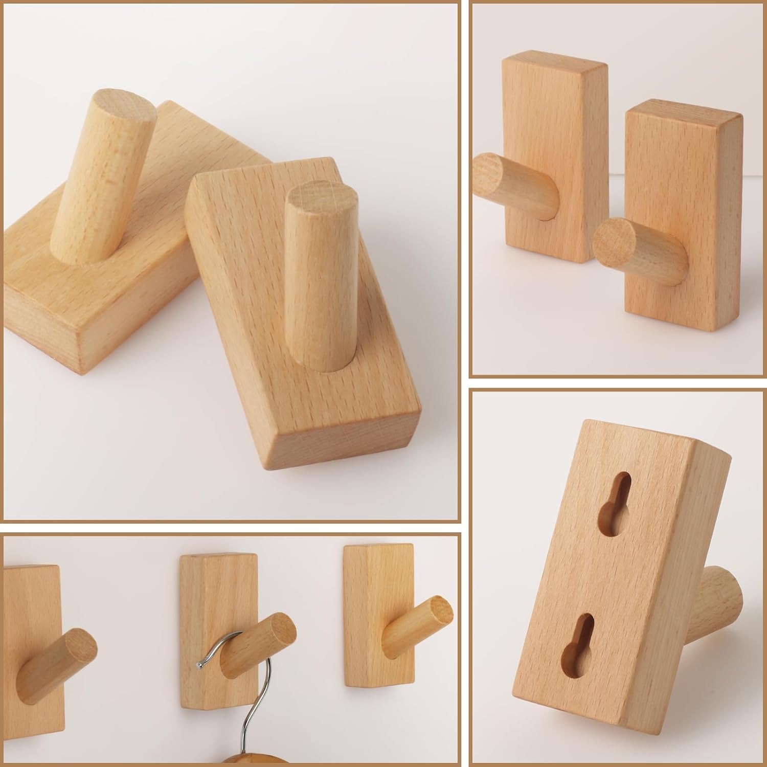 Wood Hooks Wall Wooden Space Saving No Damage Adhesive for Entryway Bedroom / Natural / Set of 4