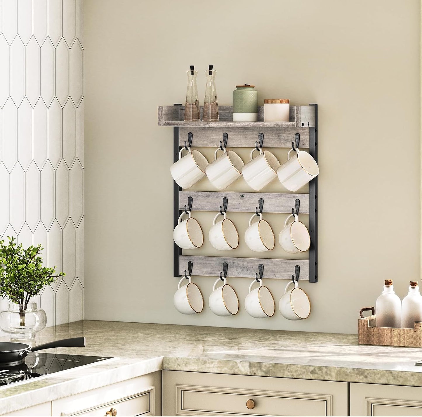 Coffee Mug Holder Stand, 3 Tier Mug Tree Rack, Hanging 12 Cups, with Top Shelf, for Kitchen, Dining Room, Living Room