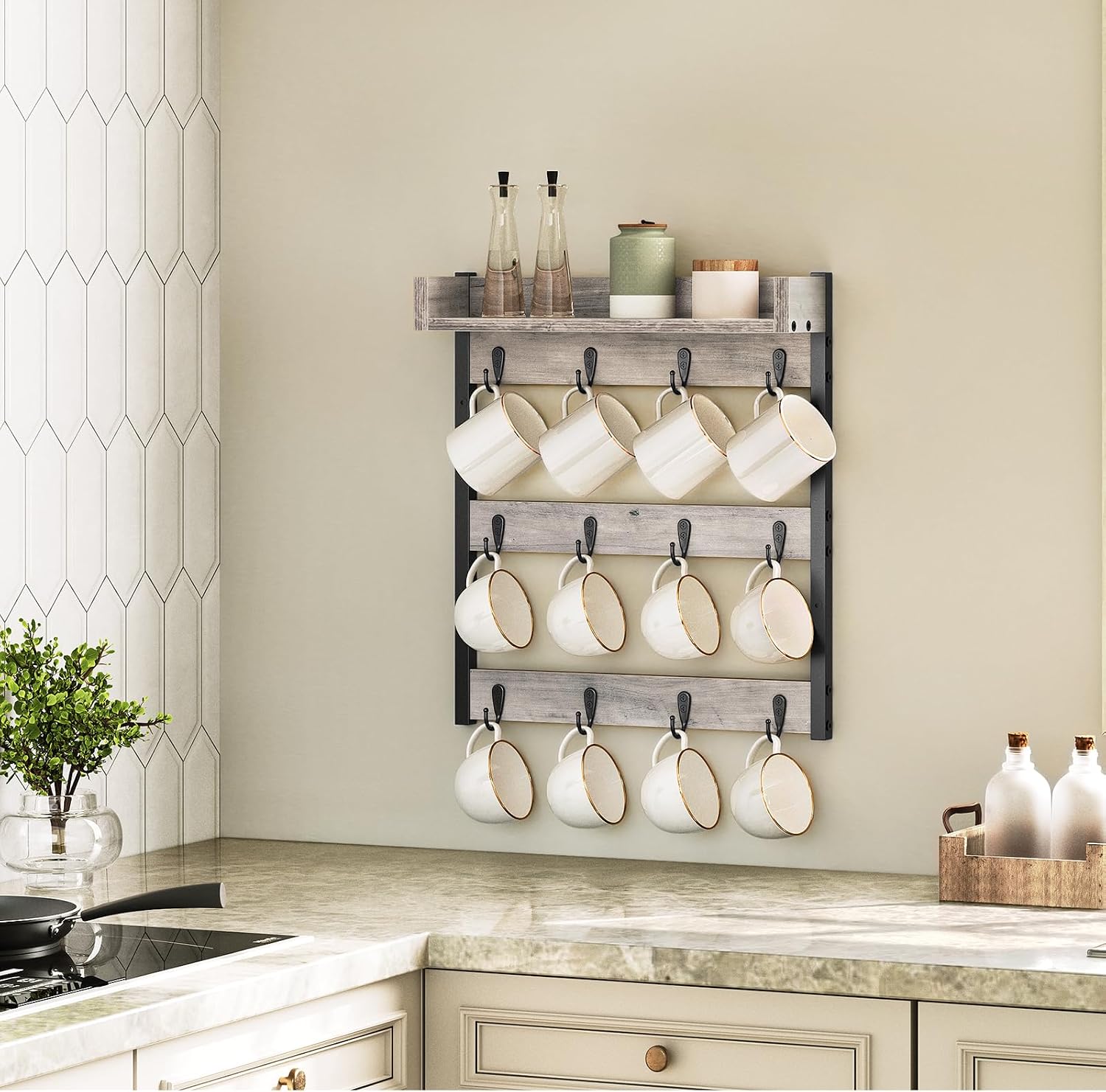 Coffee Mug Holder Stand, 3 Tier Mug Tree Rack, Hanging 12 Cups, with Top Shelf, for Kitchen, Dining Room, Living Room