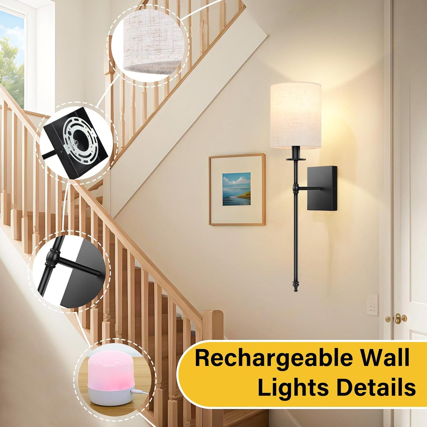 27 inch Battery Operated Wall Sconces Set of 2 with Remote, Rechargeable Wireless Wall Lights with Beige Fabric Shade