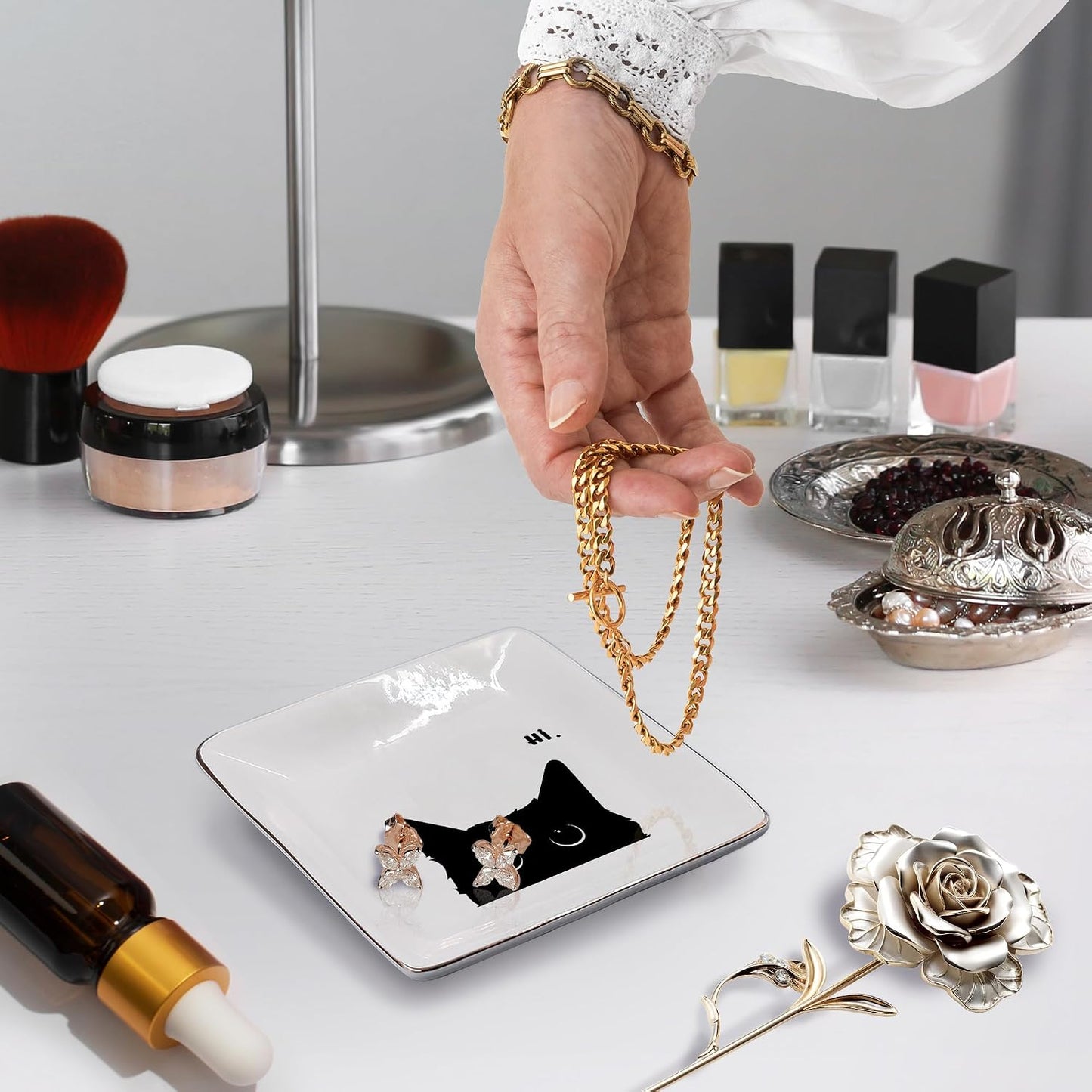 Ceramic Jewelry Tray for Rings & Earring / Hi Cat / Black