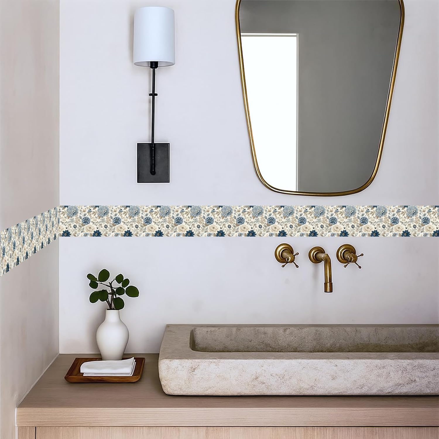 Blue Floral Wallpaper Border Peel and Stick Removable Vinyl Wall Border / Blue Floral#2 / 196 x 4
