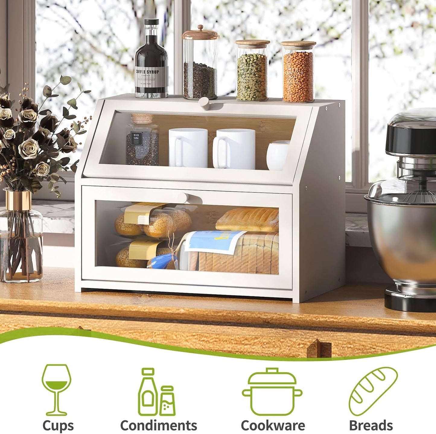 BMOSU Farmhouse Bread Box for Kitchen Countertop Bread box Double Layer Bamboo Wooden Extra Large Capacity Bin Kitchen