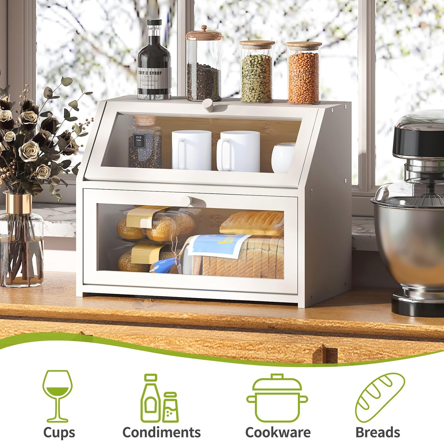 BMOSU Farmhouse Bread Box for Kitchen Countertop Bread box Double Layer Bamboo Wooden Extra Large Capacity Bin Kitchen