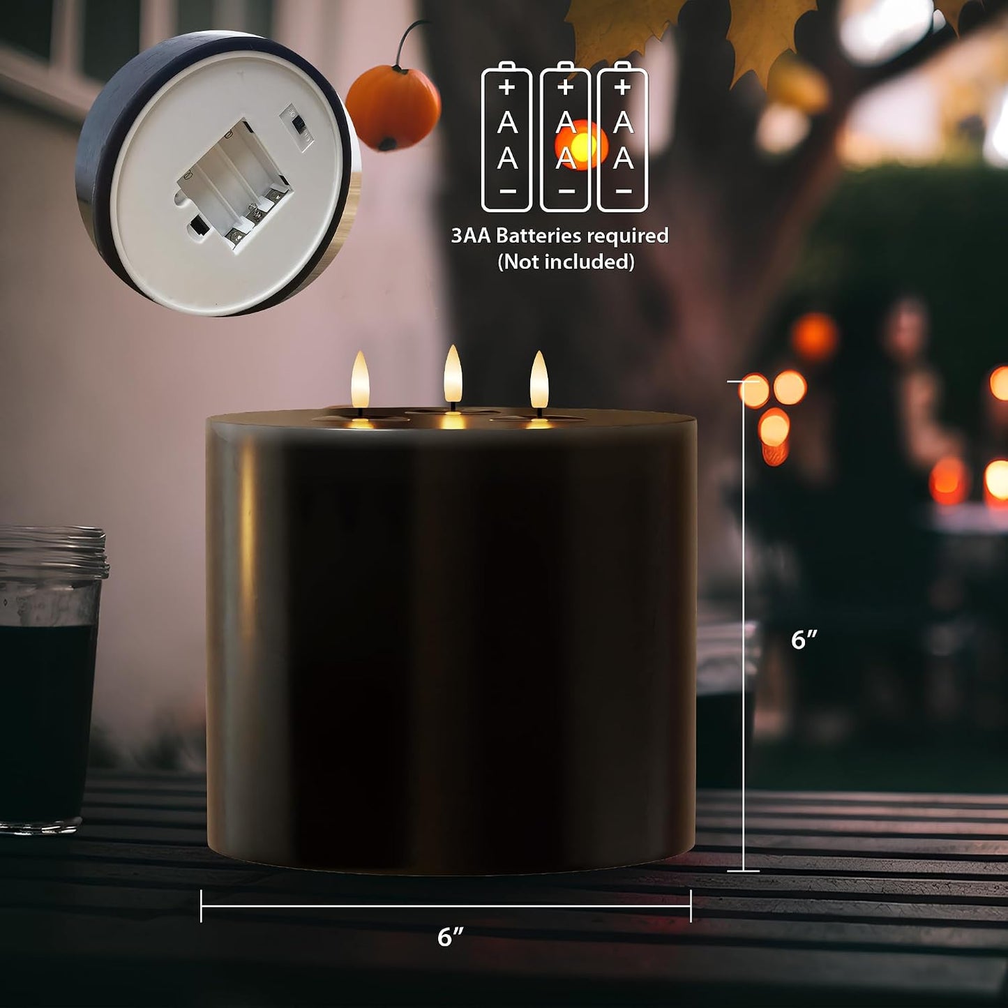 Extra Large Black Flameless Candles with 3 Wicks, 6"x6" Real Wax Halloween Candles with Remote, Battery Operated Candle