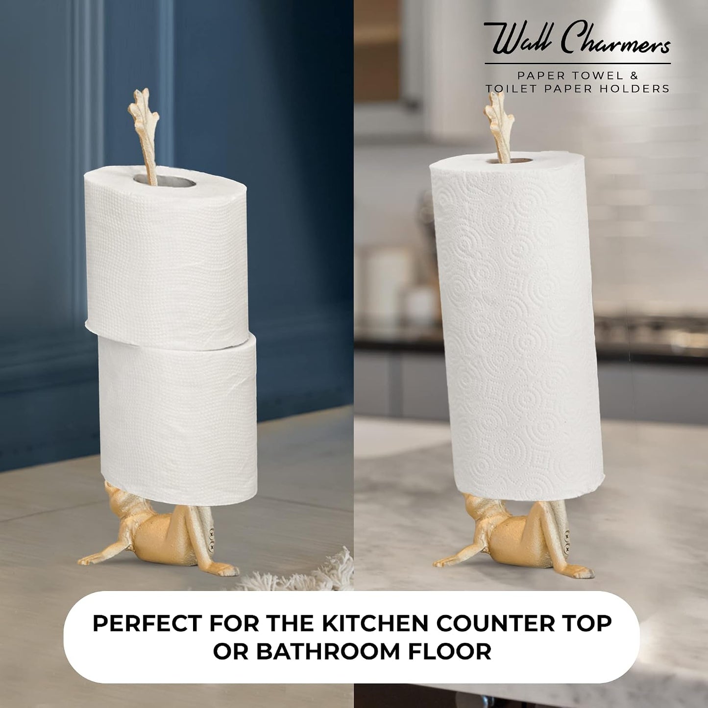 Gold Paper Towel Holder, Metal Toilet or Kitchen Paper Holder for Floor or Countertop, Gold Frog | 16.5 inch tall gold