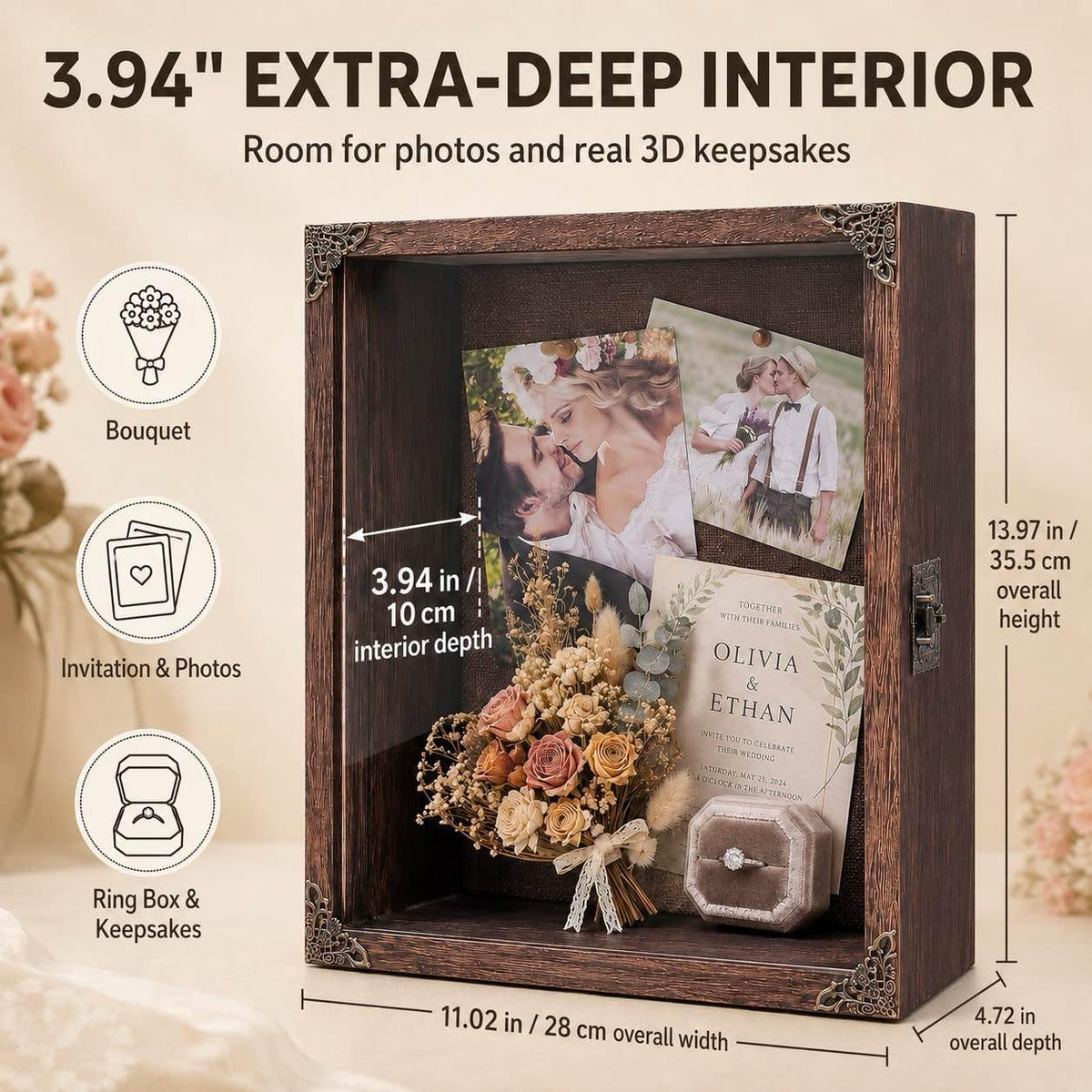 Deep Shadow Box Frame 11x14, 4.7in Depth Shadow Boxes Display Case with Soft Linen PIN Board, Vintage Charred Finish &