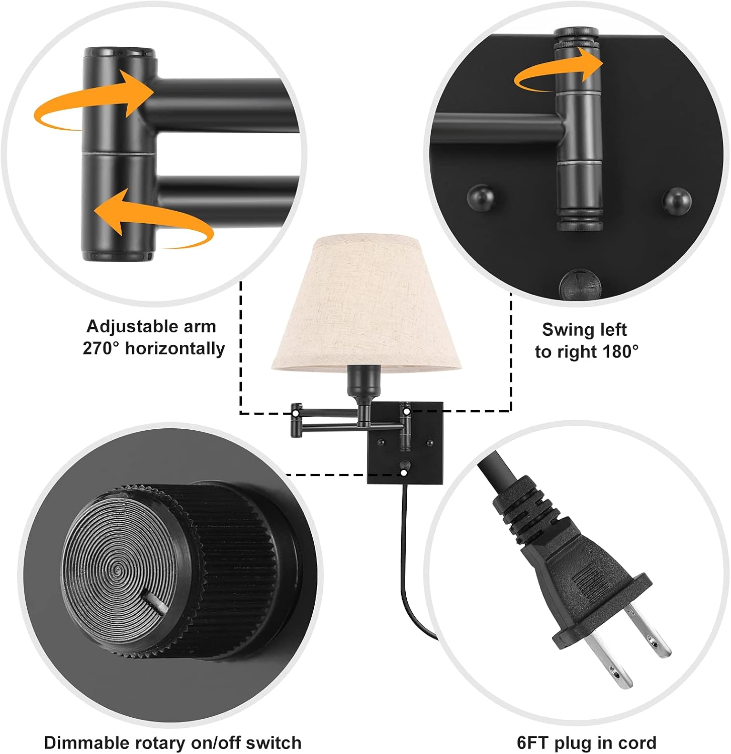 TRLIFE Wall Sconce Plug in, Dimmable Wall Sconces Set of Two Swing Arm Wall Lights with Plug in Cord and On/Off Dimmer