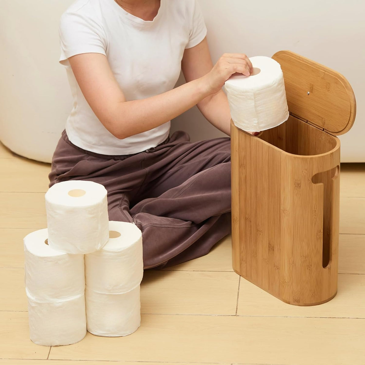Gobam Bamboo Toilet Paper Storage with Dual-Use Lid, Freestanding Bathroom Tissue Organizer with Viewing Slot, Built-In
