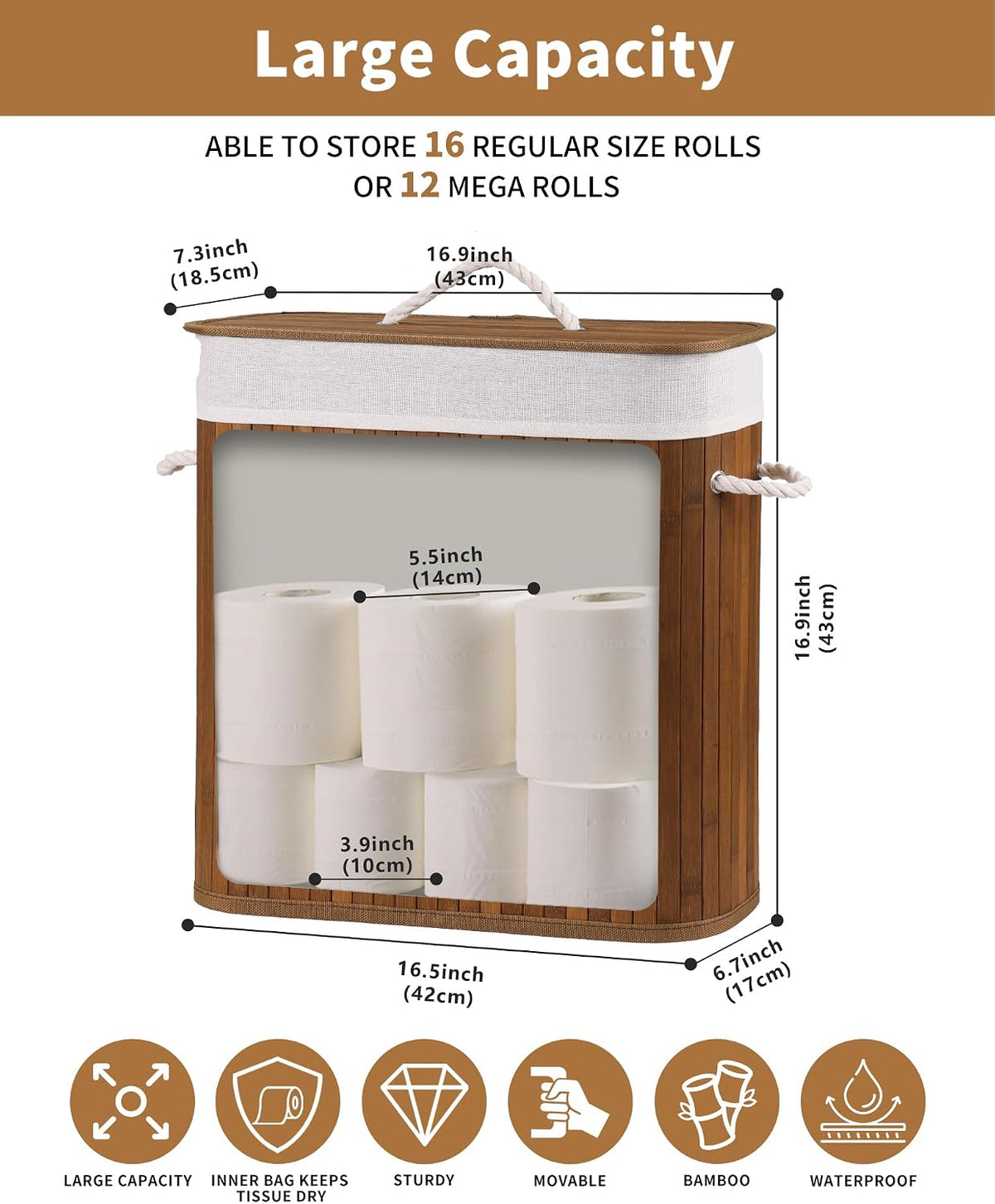 Bamboo Toilet Paper Storage with Lid & Handel, 8 Gallons (30L), Sturdy Toilet Paper Basket, Organizer for Bathroom