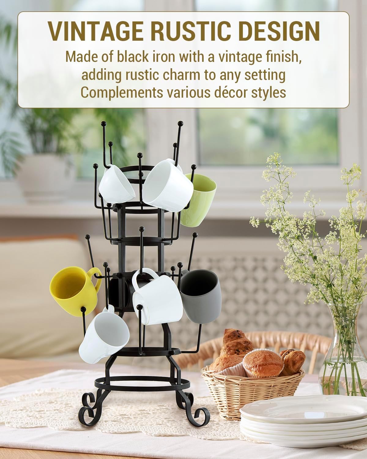 MyGift 24 Hook Rustic Mug Tree Holder for Coffee Cups & Glasses Rack | 24-hook black iron mug holder displays coffee