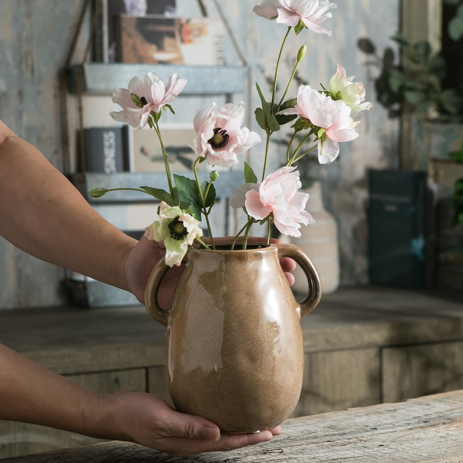 Brown Ceramic Vase / Double Handle - Brown