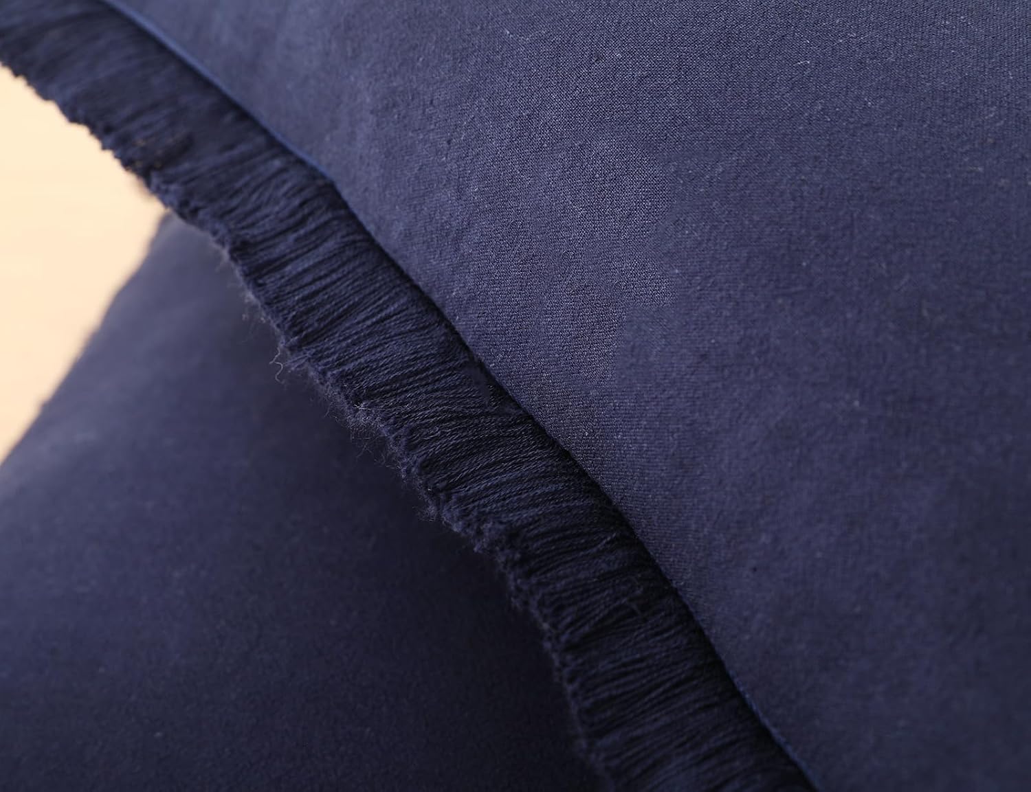 Natural Linen Fringed Throw Pillow Covers / Navy Blue / 18 x 18 / Set of 2