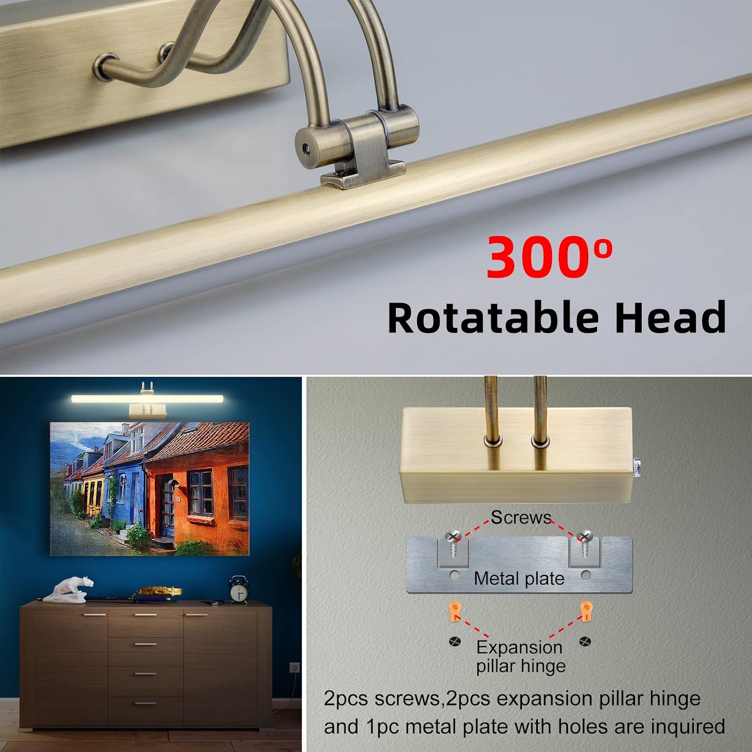 Picture Light,5000mAh Wireless Wall Light,13" Art Light,Antique Brass | Rechargeable Photo Lights,Remote Timer and