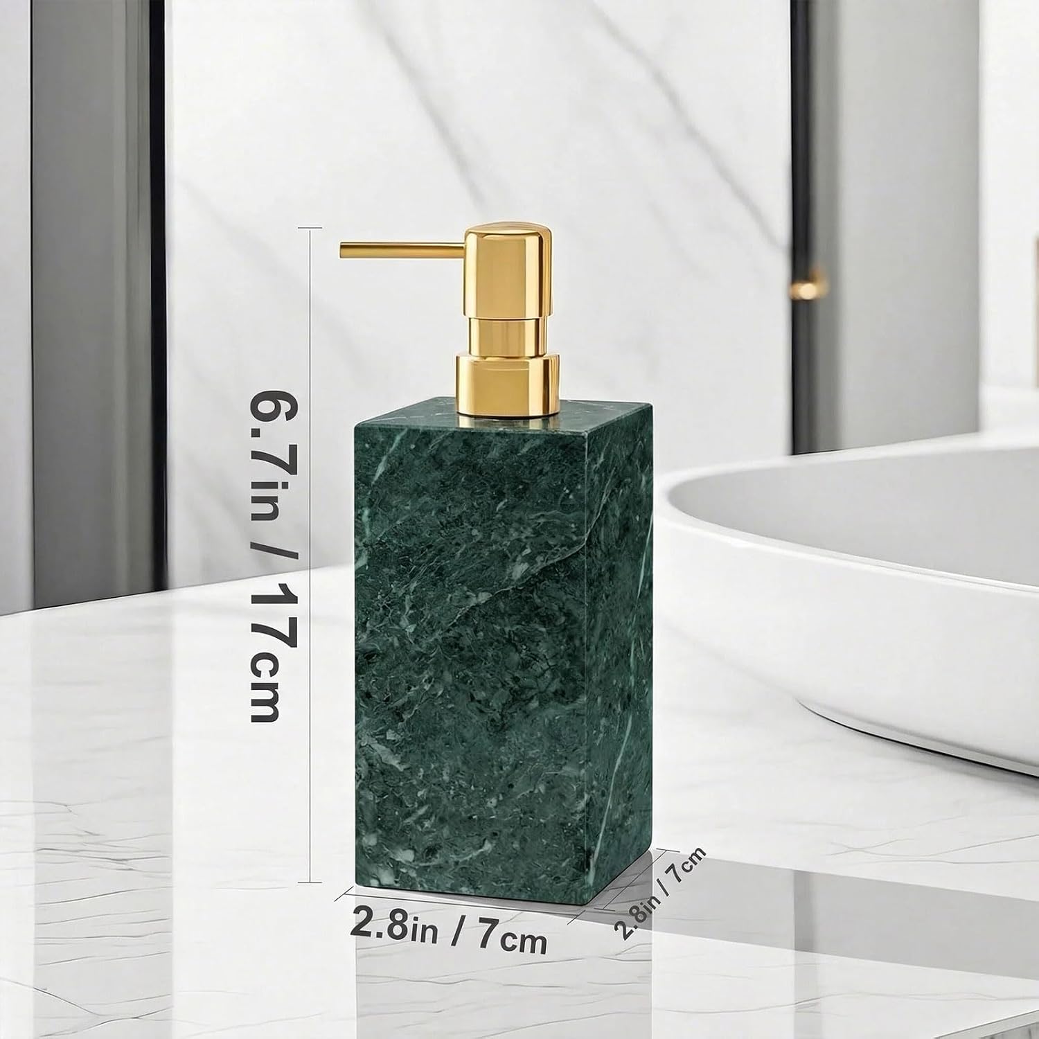 2 Set Real Natural Marble Soap Dispenser with Stainless Steel Pump – Decorative Liquid Hand Soap Bottle for Kitchen &