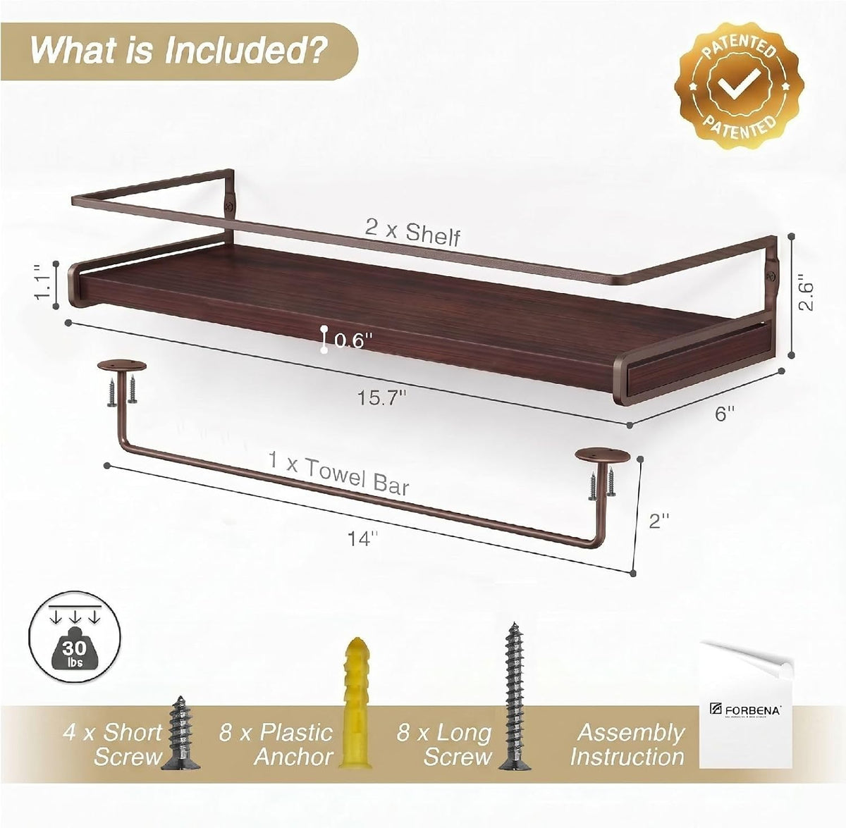 Forbena Dark Brown Kitchen Shelves Wall Mounted Set of 2, Walnut Brown Floating Kitchen Wall Shelves with Rail, Hanging
