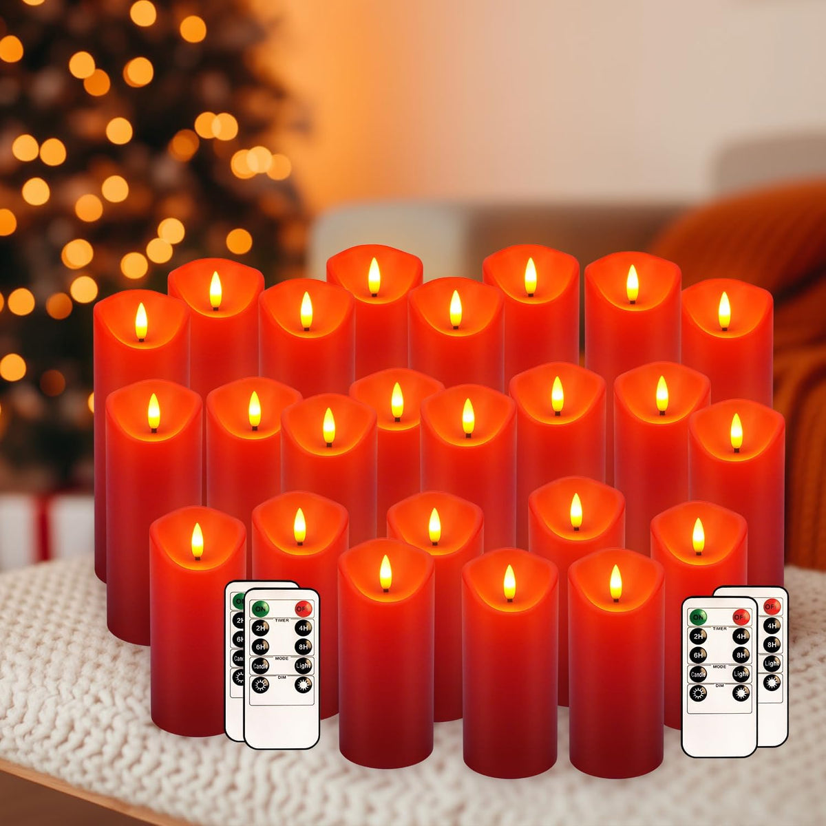 24-Pack Red Flameless LED Candles with Remote - Realistic Flickering Battery - Operated Pillar Candles forValentine's