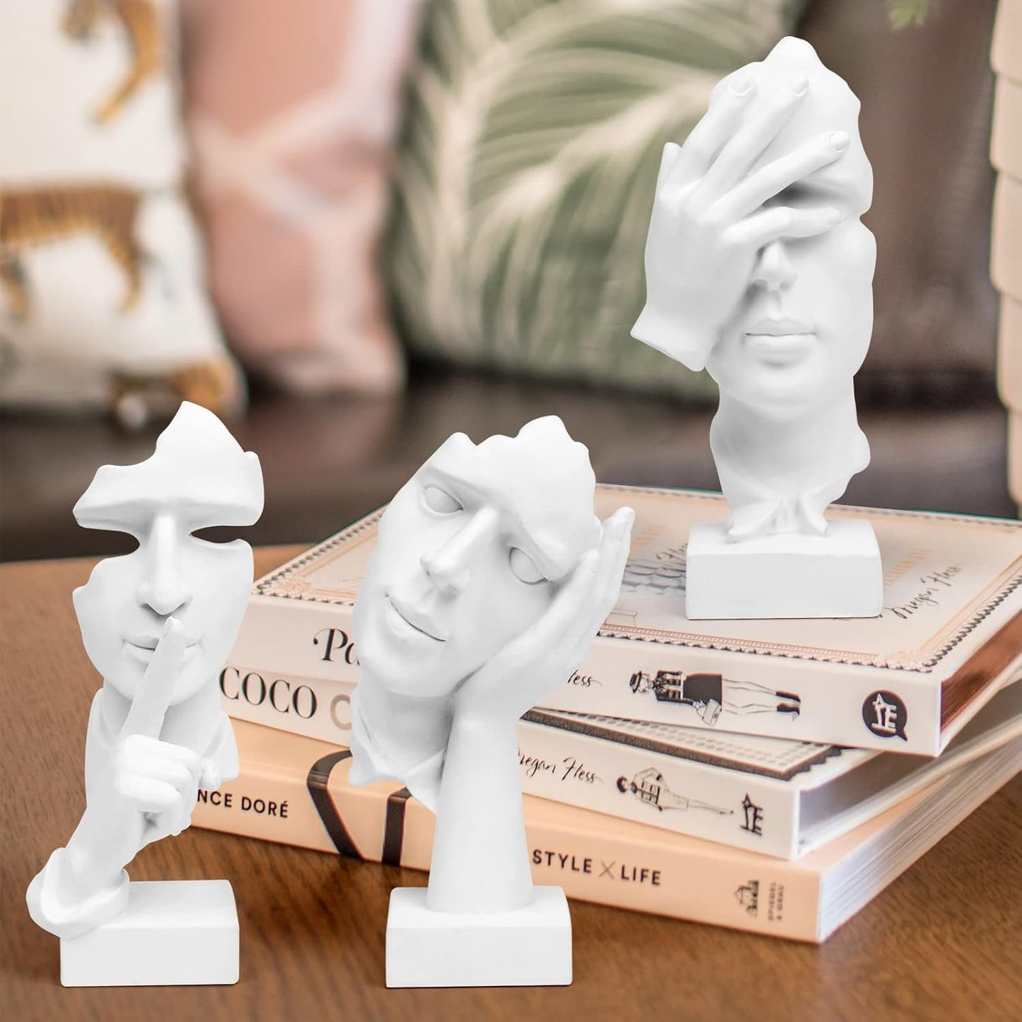 Thinker Statue / Silence is Gold Abstract Art Figurine / White / Set of 3