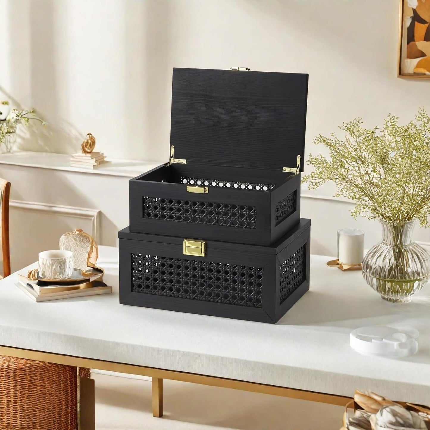 Decorative Rattan Storage Boxes Solid Wood Woven Baskets Bins / Black