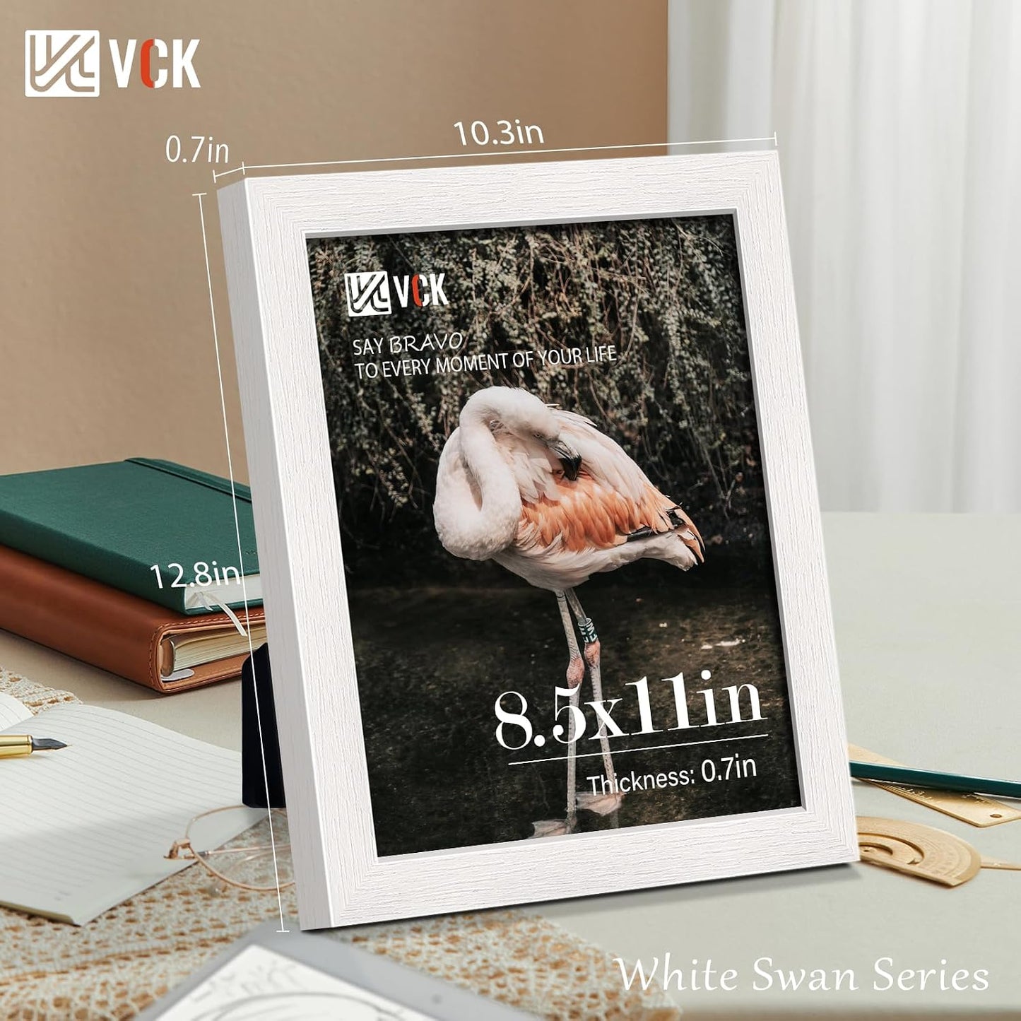 VCK 8.5 by 11 Picture Frame White 4 Pack, Wide Thick Wood Border, for Photo | Exclusive Woodgrain, Wall/Tabletop, HD