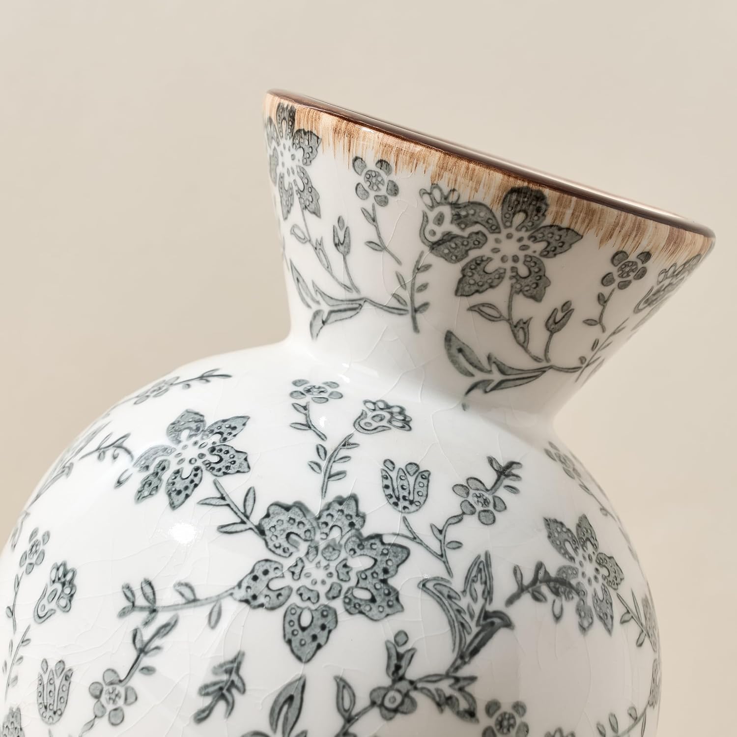 Vintage Rustic Chinoiserie Floral Vase / Gray- 6.61
