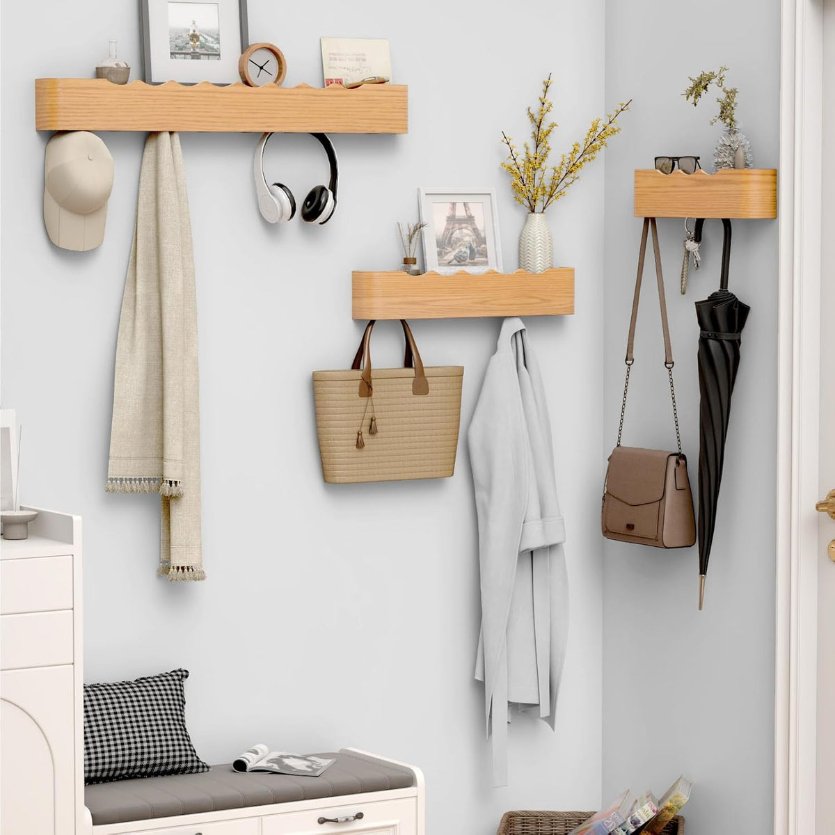 Coat Rack Wall Mount with Hidden Hooks, Wall Hooks with Shelf, Wall Key Holder Mount Wooden Shelf Entryway Hooks for