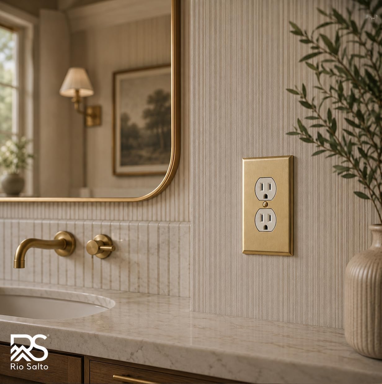 Rio Salto BRASS Decorative Brushed Brass Gold Outlet Covers Duplex Outlet Cover Receptacle Wall Plate 2 Pack Premium