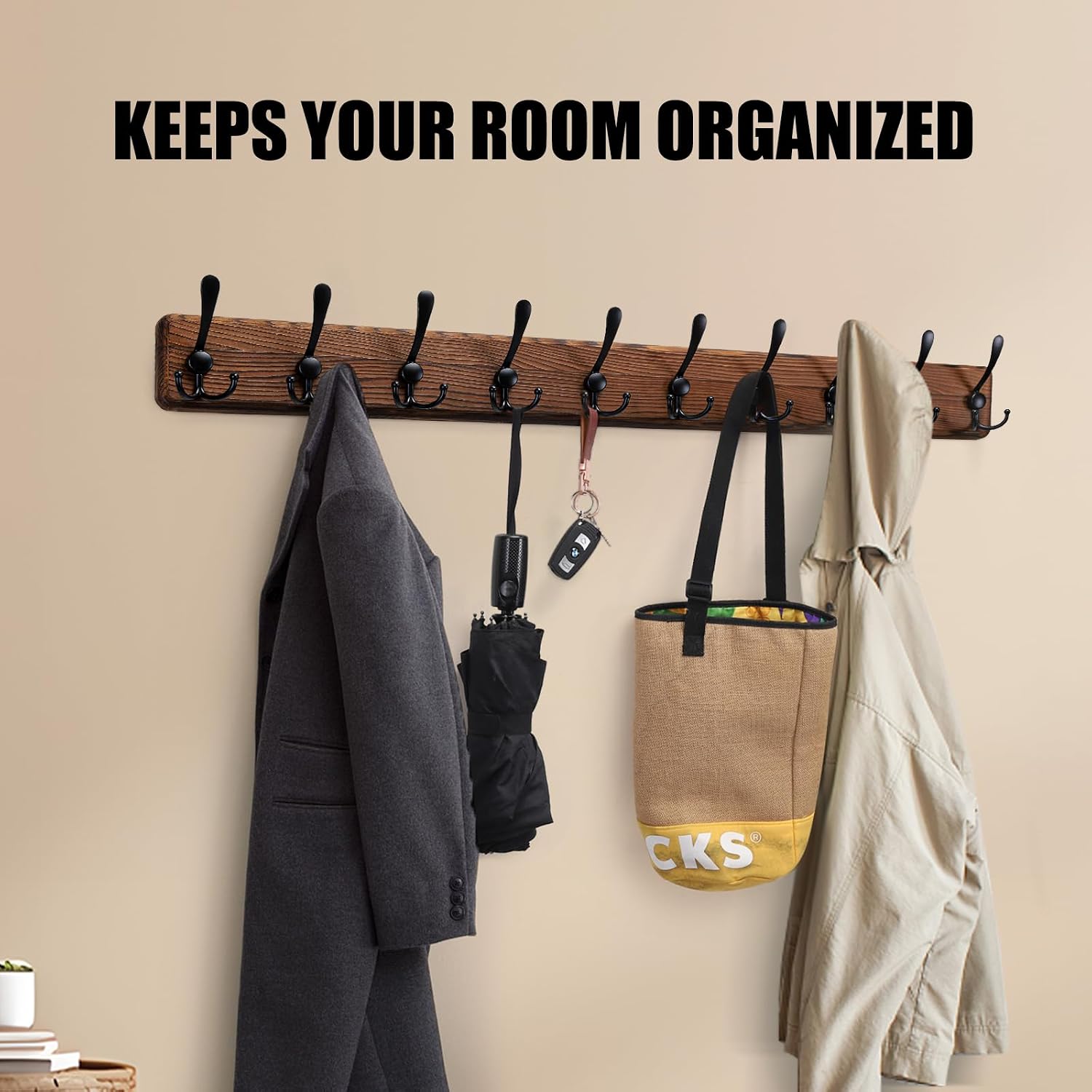 Gohiuo Rustic 38.6" Large Coat Rack Wall Mount, Long Wood Coat Hooks with 10 Triple Hooks, Heavy Duty Wooden Coat