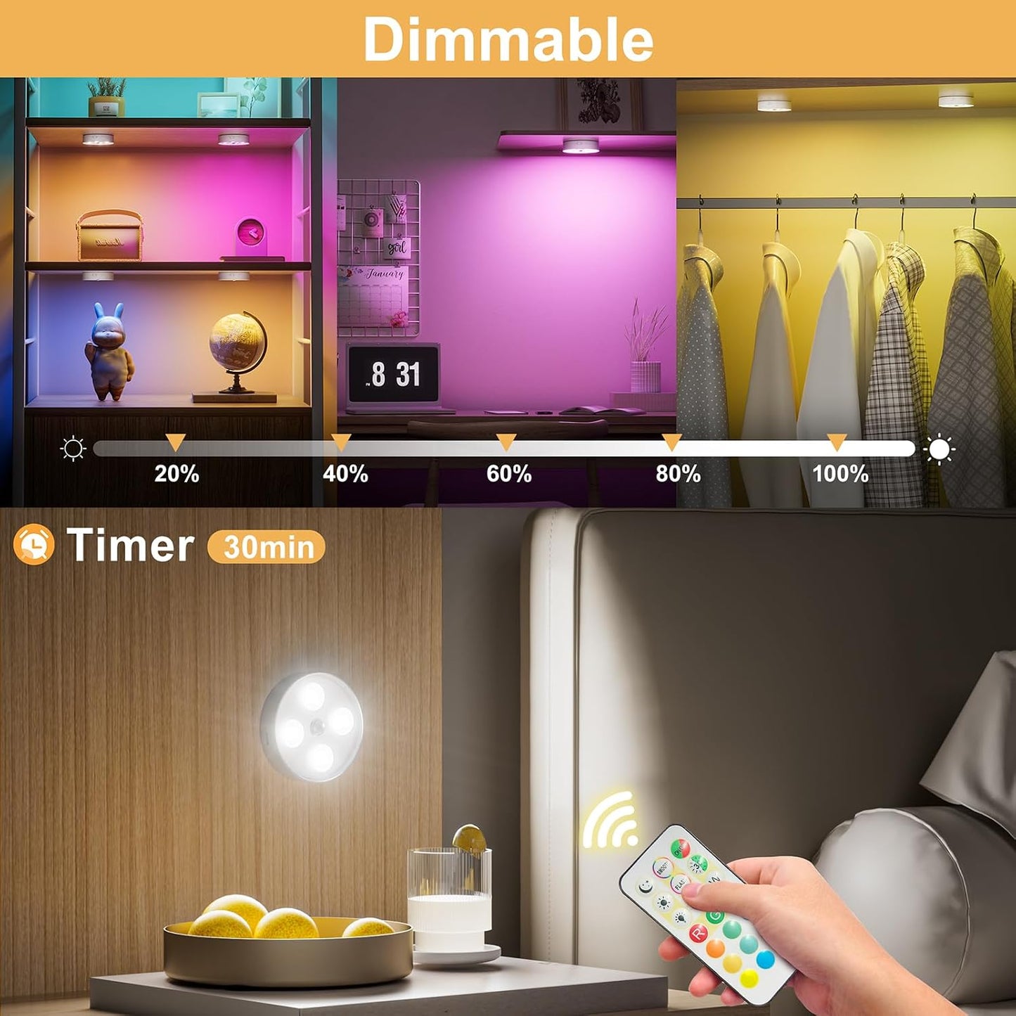 HOMEBEST RGB Puck Lights with Remote & Motion Sensor – 1500mAh Rechargeable Under Cabinet Lighting for Kitchen, Closet