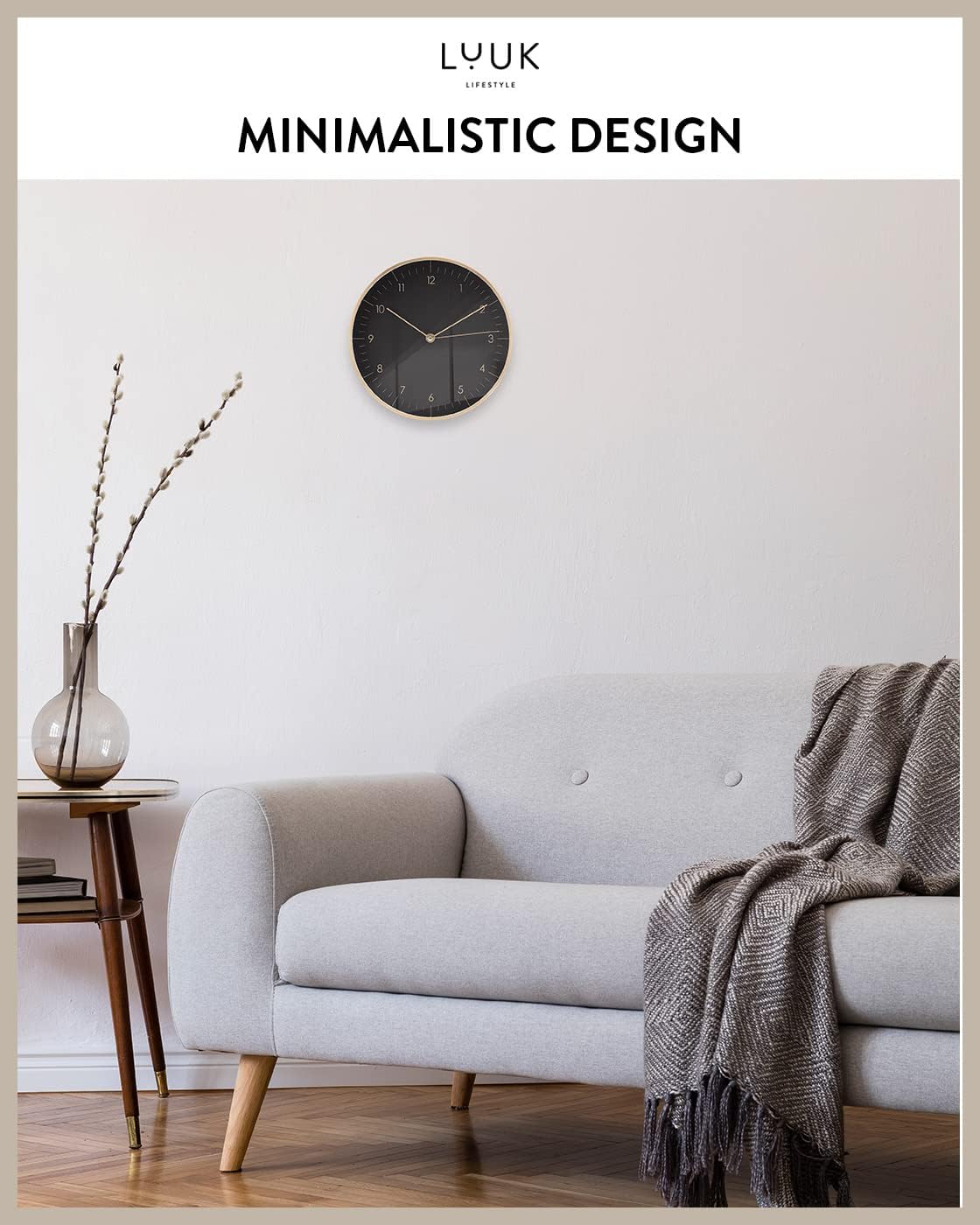 Modern Silent Quartz Wall Clock, 10in, Black & Gold | Chic & Minimalist, Non-ticking, Analog, Arabic numerals