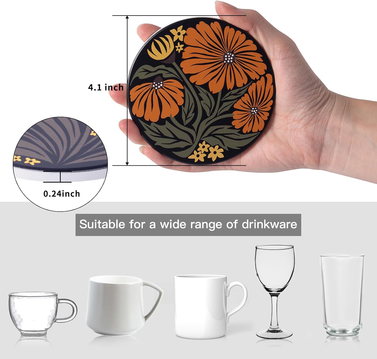 Cork Back Artistic Flowers Round Coaster Non / Flower 03 / Set of 6