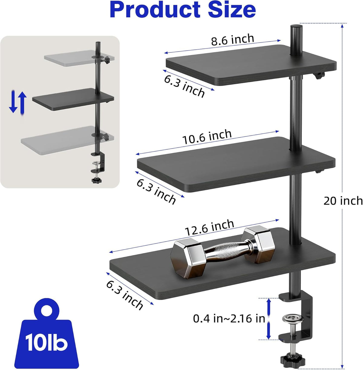 3 Tiers Clamp On Desk Shelf, 360° Angle Adjustable Desktop Shelf Organizer for Home Office Gaming Room, No Drill Desk