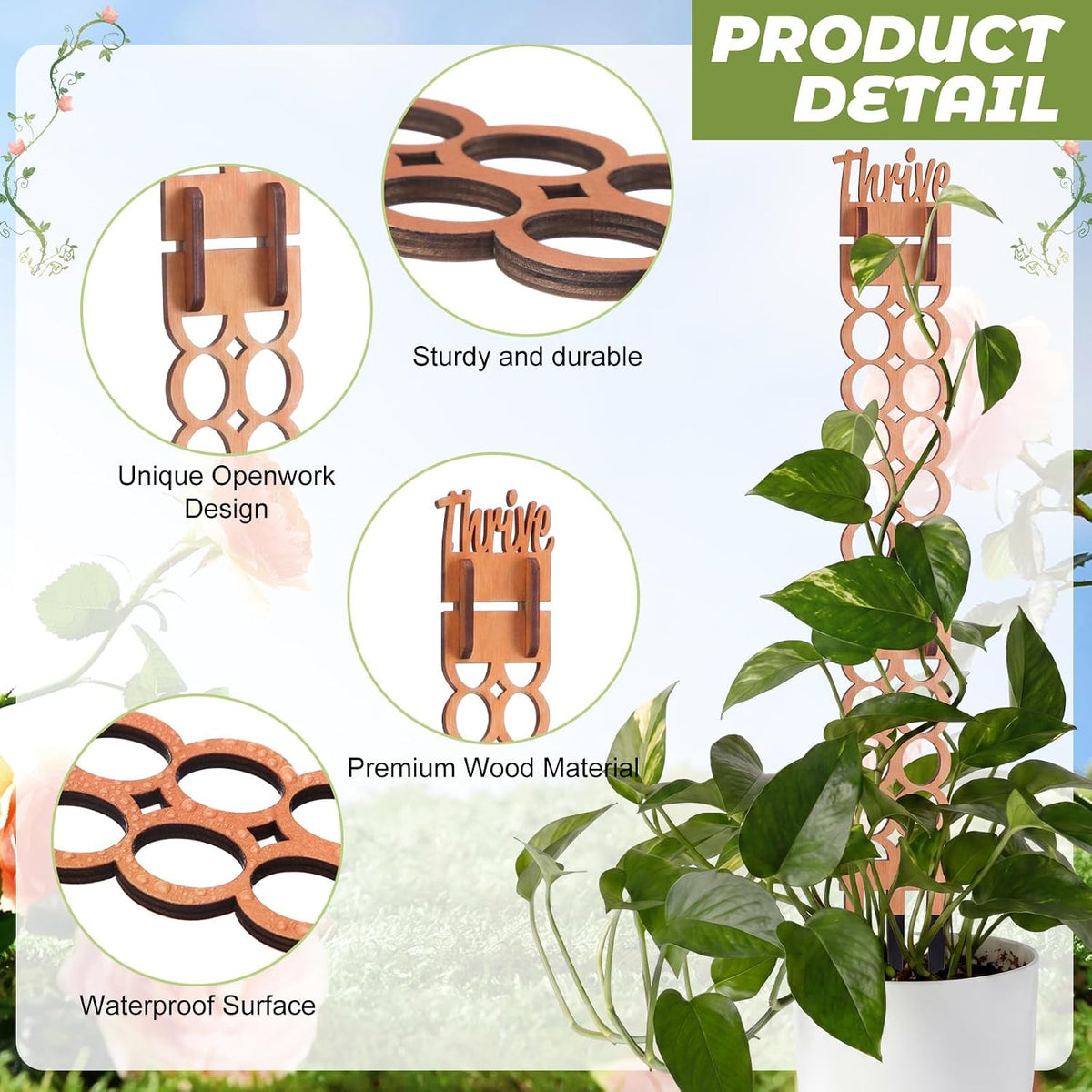 6 Sets Wooden Extendable Plants Trellis Indoor Modular Plant Trellis with Wood Thrive Sign Decor and Extensions for