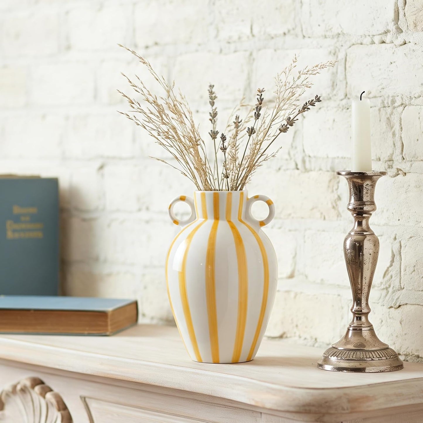 Ceramic Striped Flower Vase / Yellow