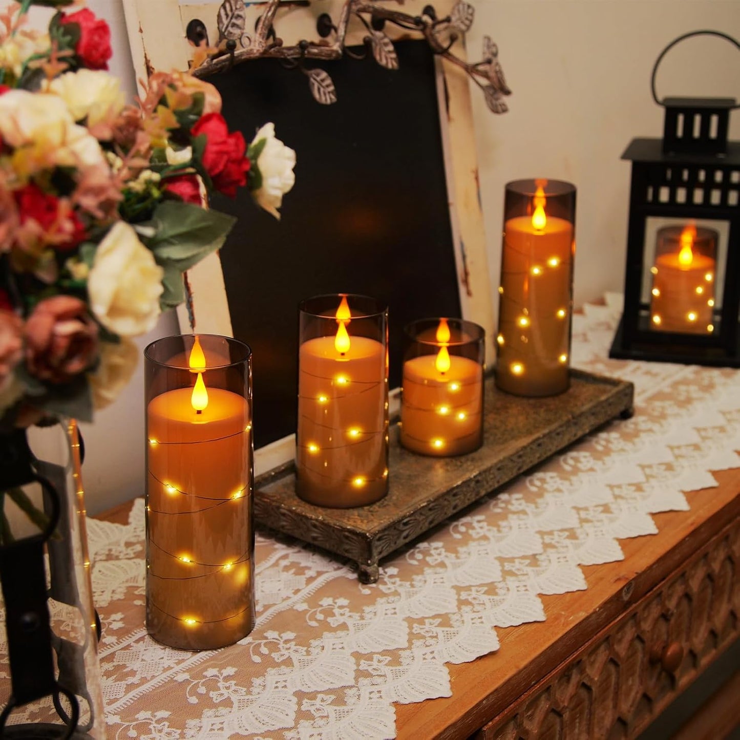 Homemory Flameless Candles with Embedded Star String Fairy Lights, Battery Operated Candles, LED Candle, Fake Candles