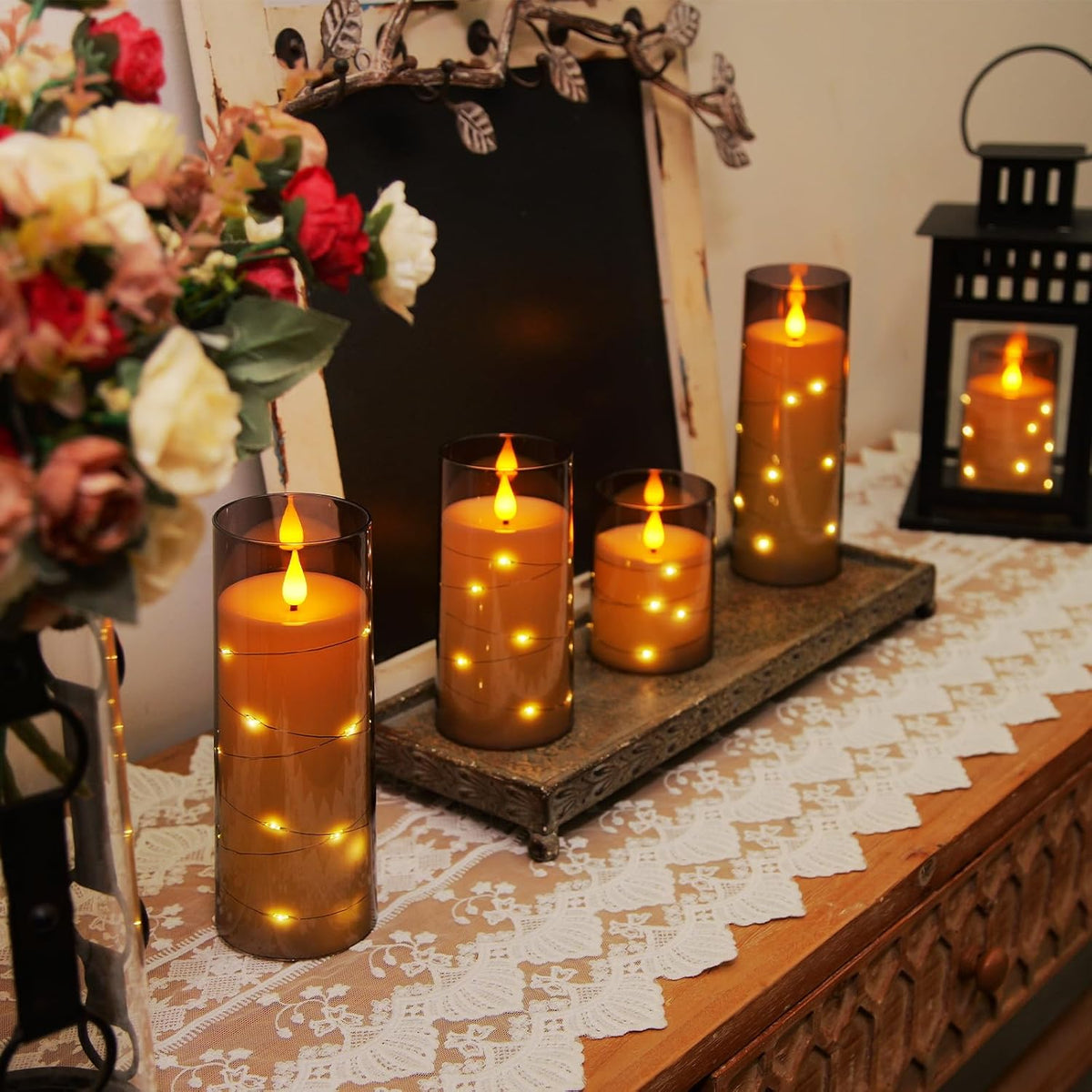 Homemory 9 Pcs Flameless Candles with Embedded Star String Fairy Lights, Battery Operated Candles, LED Fake Candles