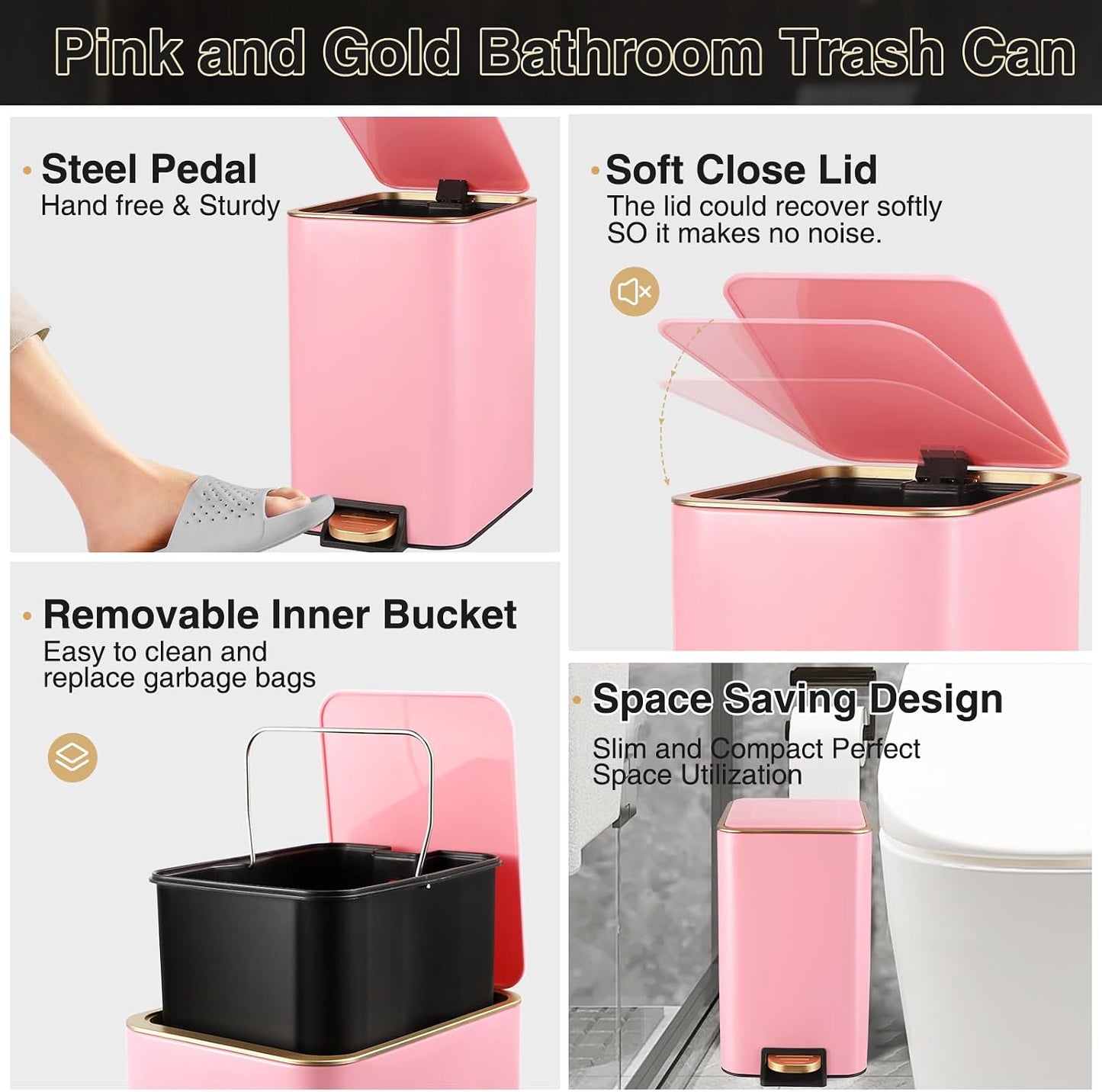 XLHOMO Pink Bathroom Accessories Set 8 Piece Pink and Gold Bathroom Set, Bathroom Sets with Stainless Steel Trash