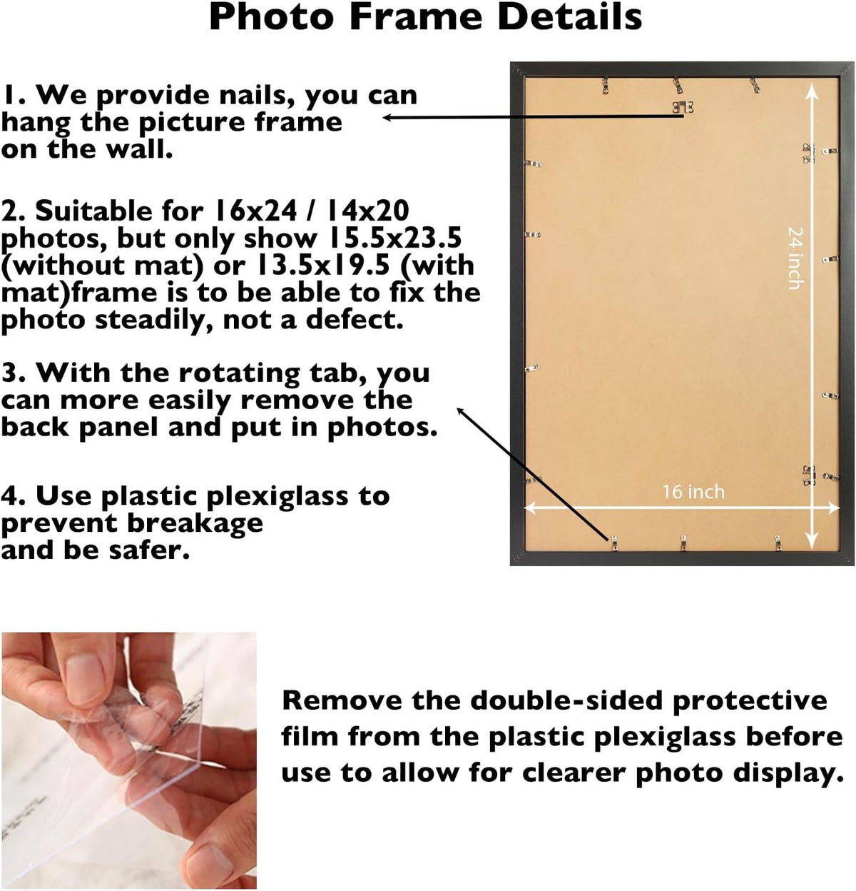 JCJMY 16x24 Picture Frame with Mat for Poster Photo and 40x60 cm Canvas, Display 14x20 with Mat or 16 x 24 without