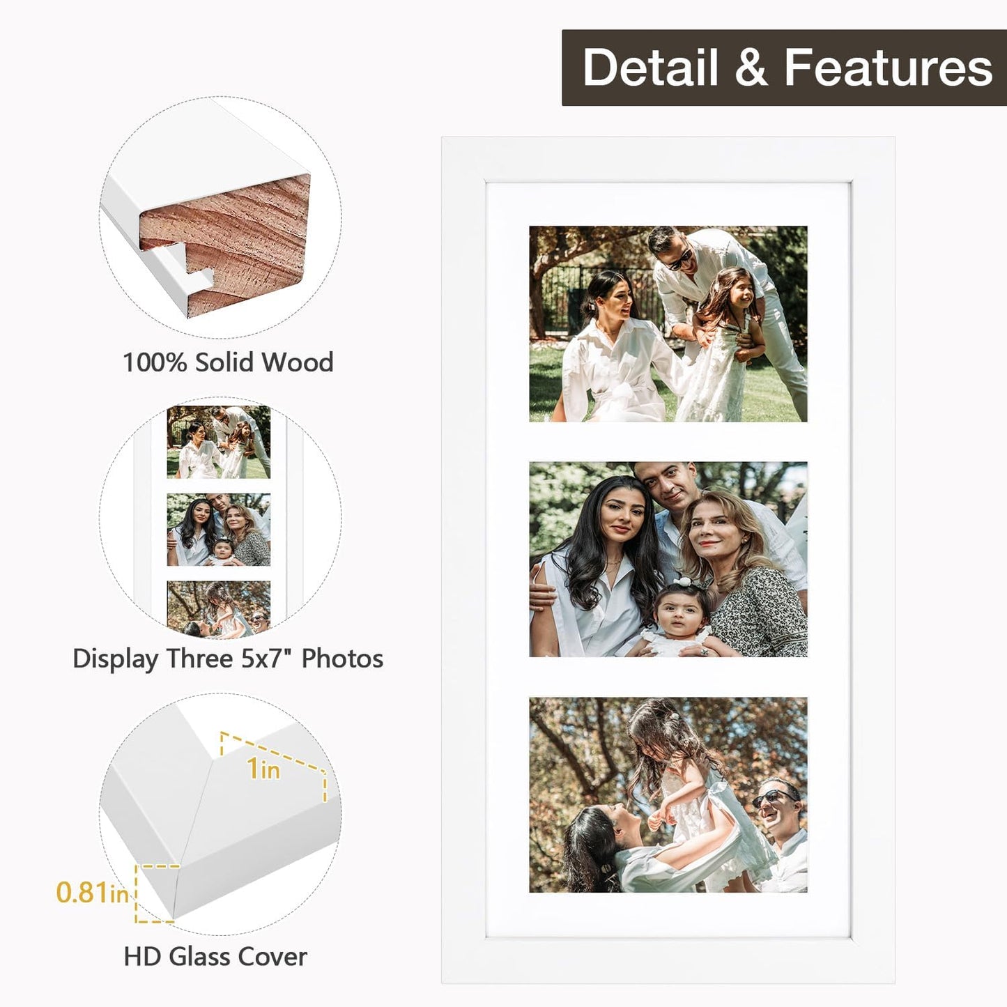 Golden State Art 9x18 White Wood Frame - for Three 5x7 Pictures, 3 Pack | Matted to 3 5x7 Picture,Solid Wood Collage