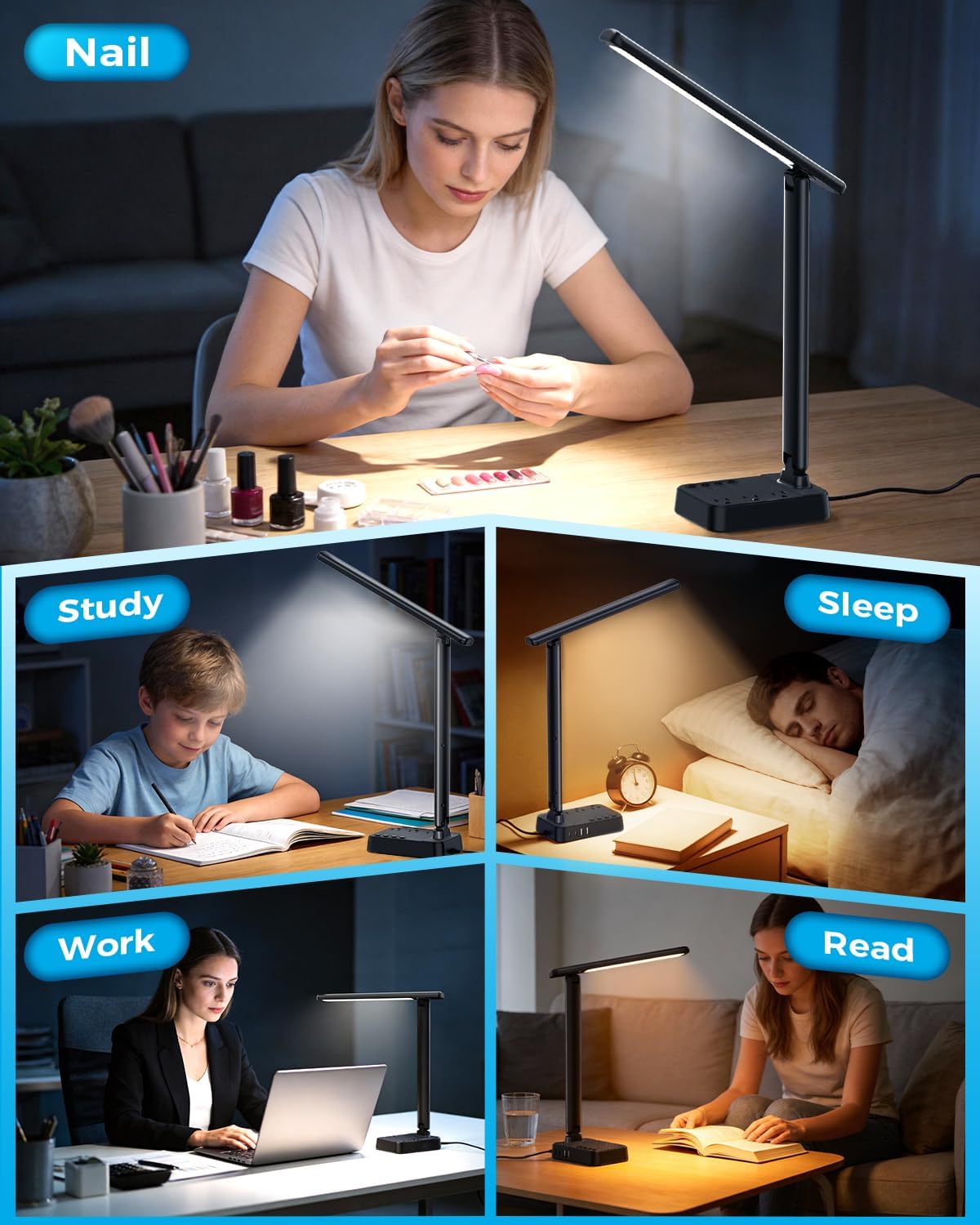 LED Desk Lamp with Power Strip, 3 AC Outlets, 4 USB Ports, Stepless Dimming | 2800K-6500K Color, 2 USB-C, Foldable