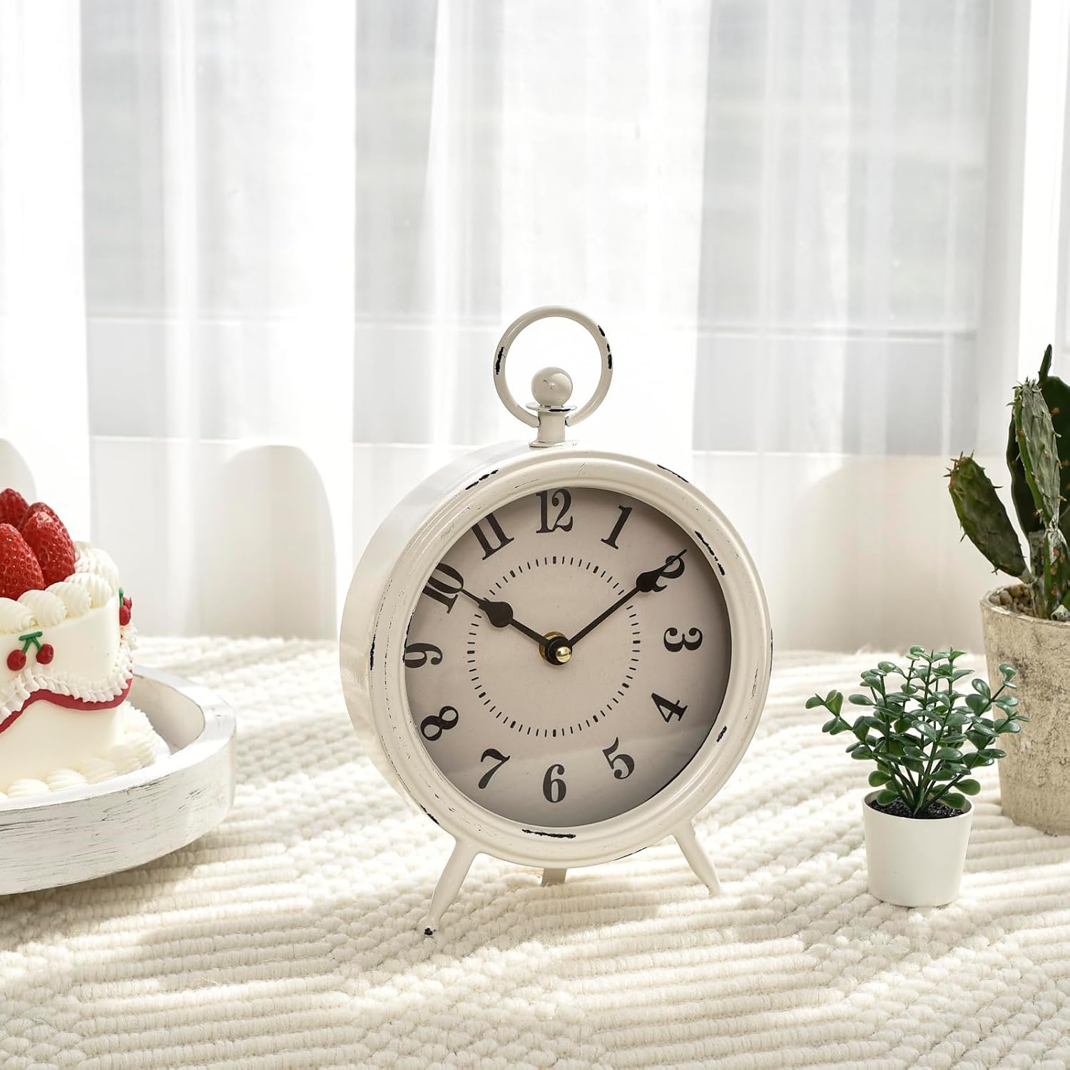 Vintage Rustic Table Clock on Stand / White / 10.5"H
